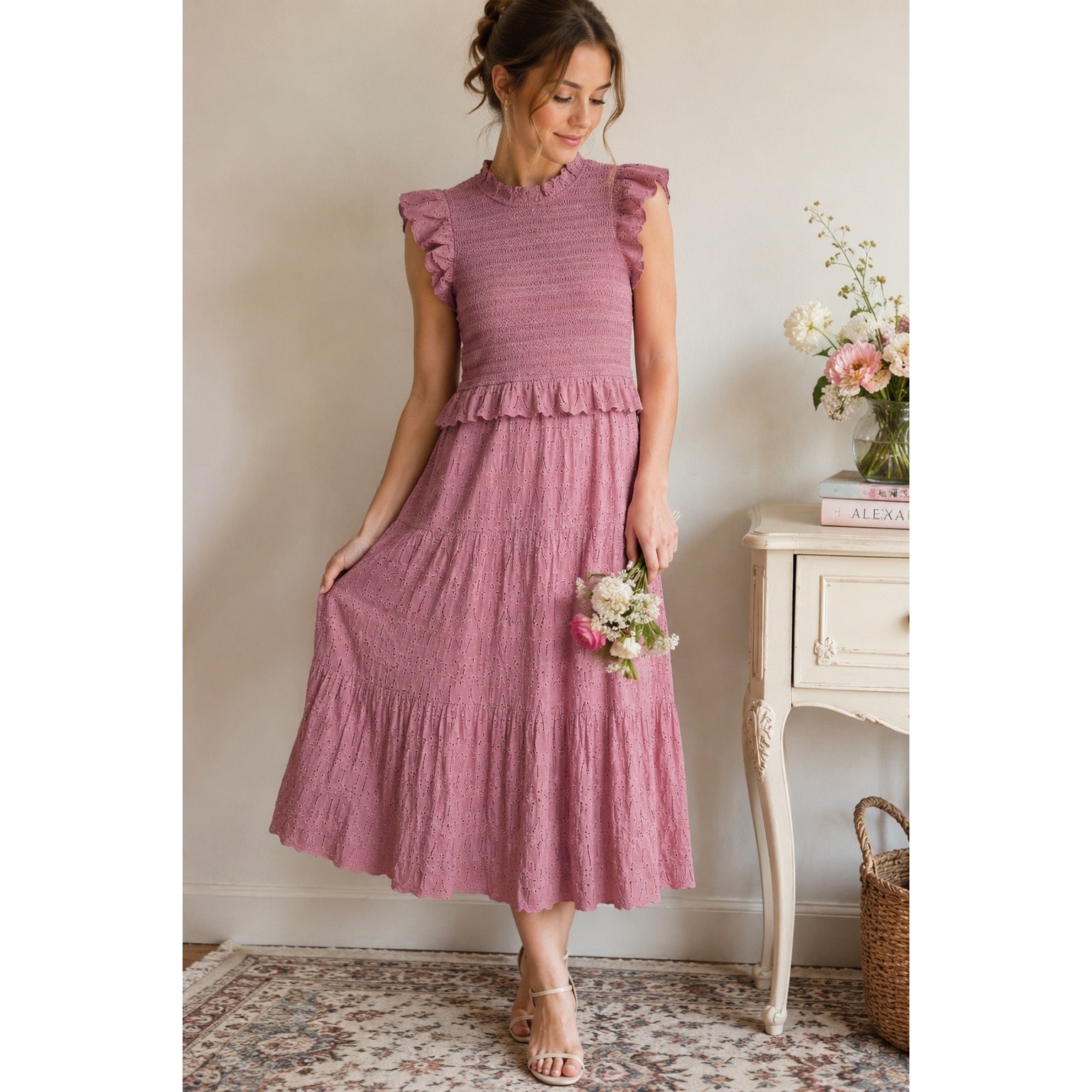 Sea New York 100% Cotton Pink Ingrid Smocked Ruffle Eyelet Midi Dress Size 2