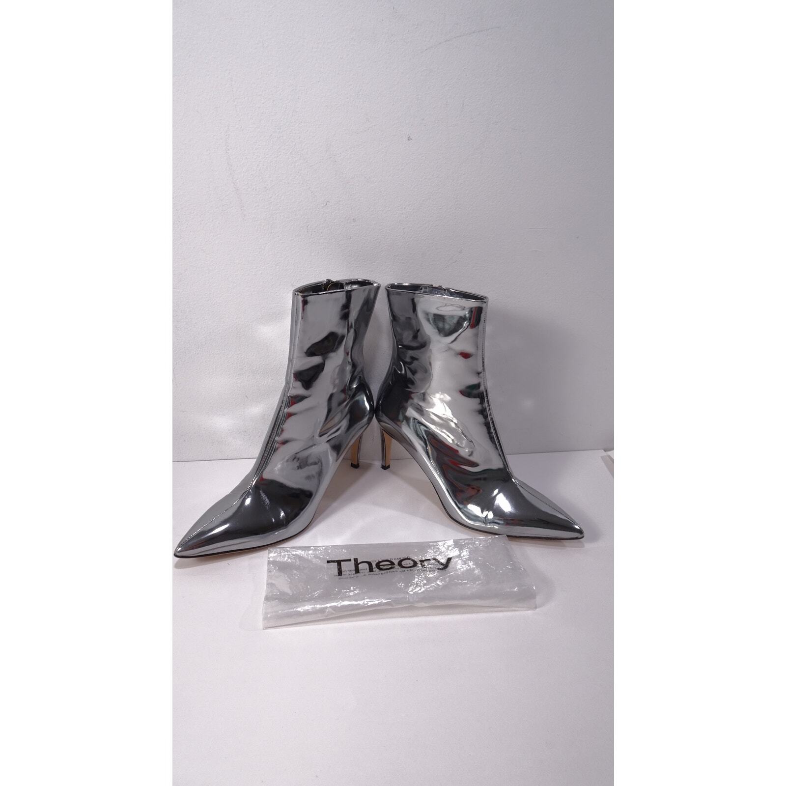 Theory City Patent Leather Heeled Pointed Ankle boots Sz 41 NWB 550 Metallic