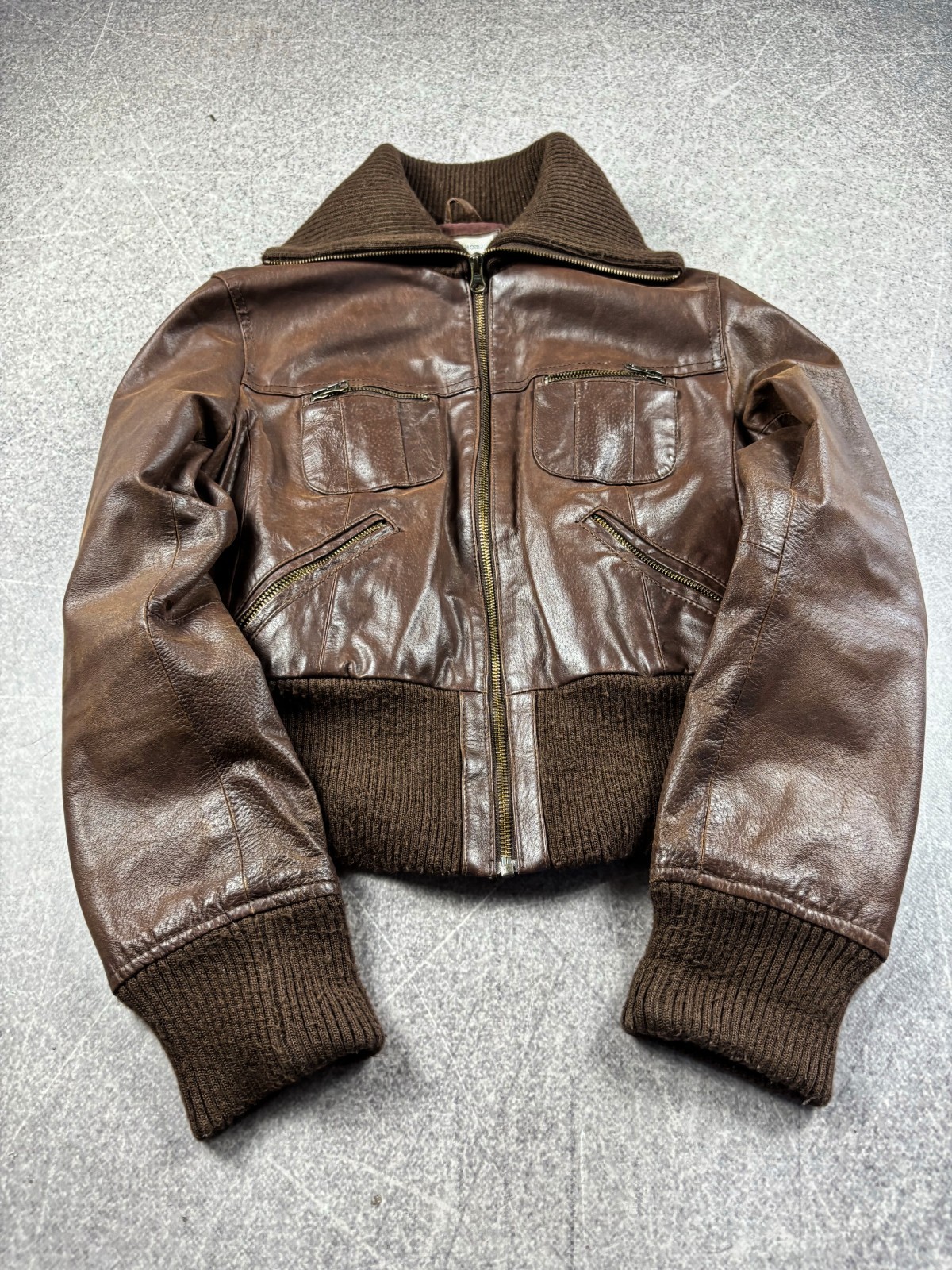 Vintage Brown Leather Bomber Jacket Cropped Aviator Pilot Y2K Genuine Leather