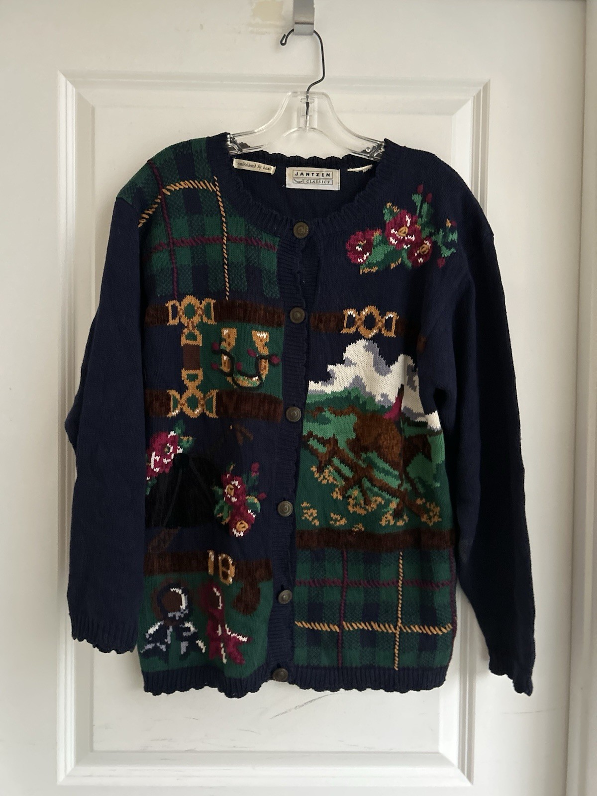 Vtg Grandma Sweater M Jantzen Hand Knit Cardigan Embroidered Equestrian Cottage
