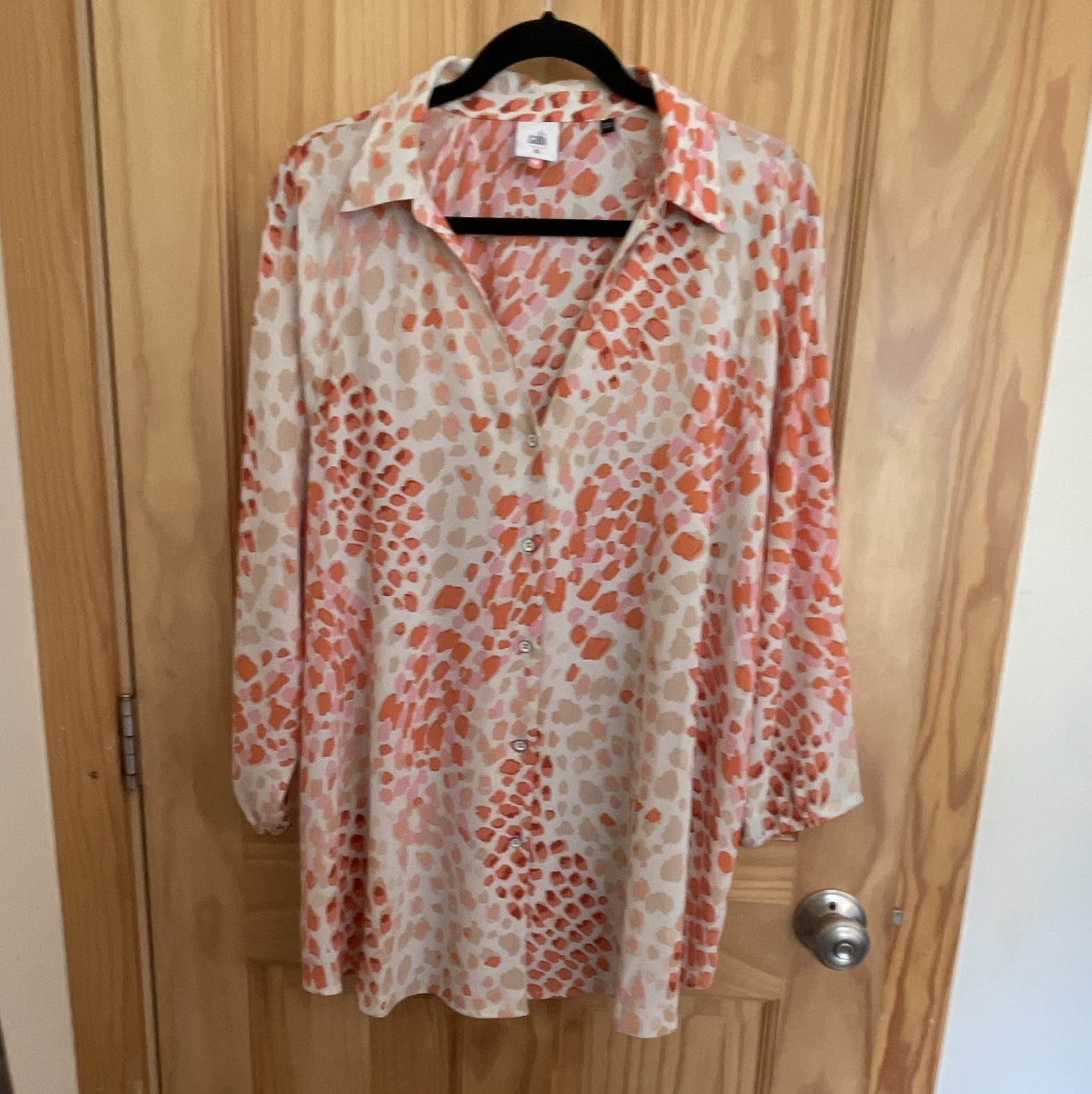 CAbi XL Animal Print Leopard Chiffon Tunic Blouse Button Front Collared