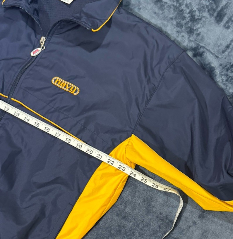 Soffe Men’s Navy Yellow Windbreaker Jacket Logo Full Zip Stand Collar M