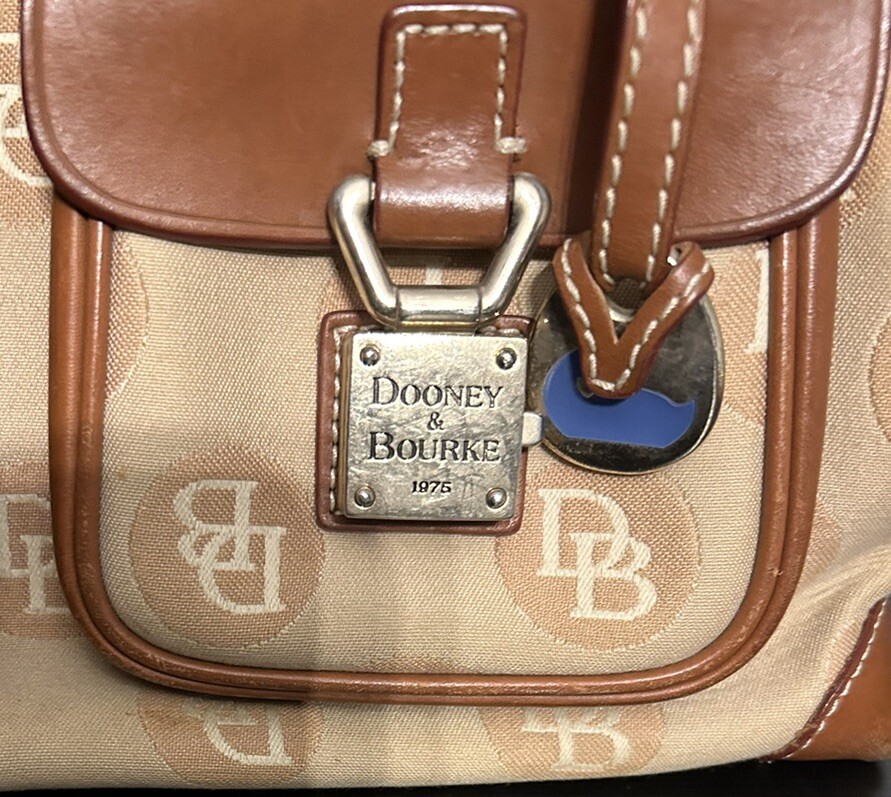 Dooney Bourke Satchel Purse Tan Canvas Leather 2 Front Lock Double Pocket