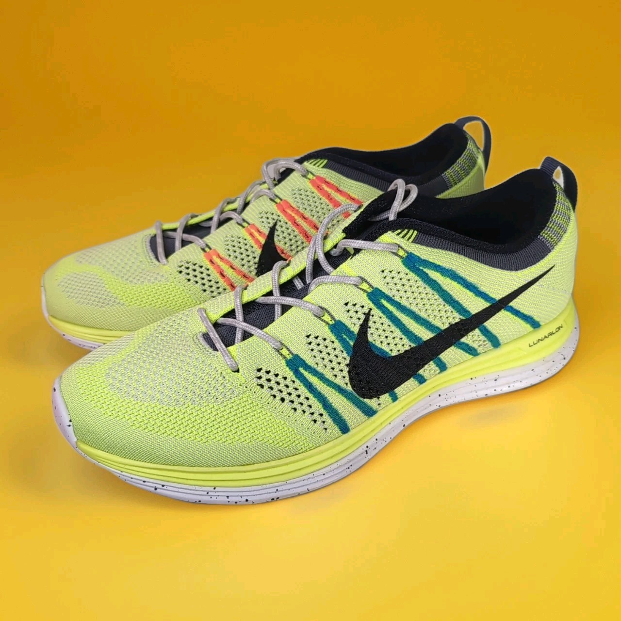 New Men 8, Women 9.5 Nike Flyknit Lunar 1 Volt Custom Painted Blue Orange Stripe