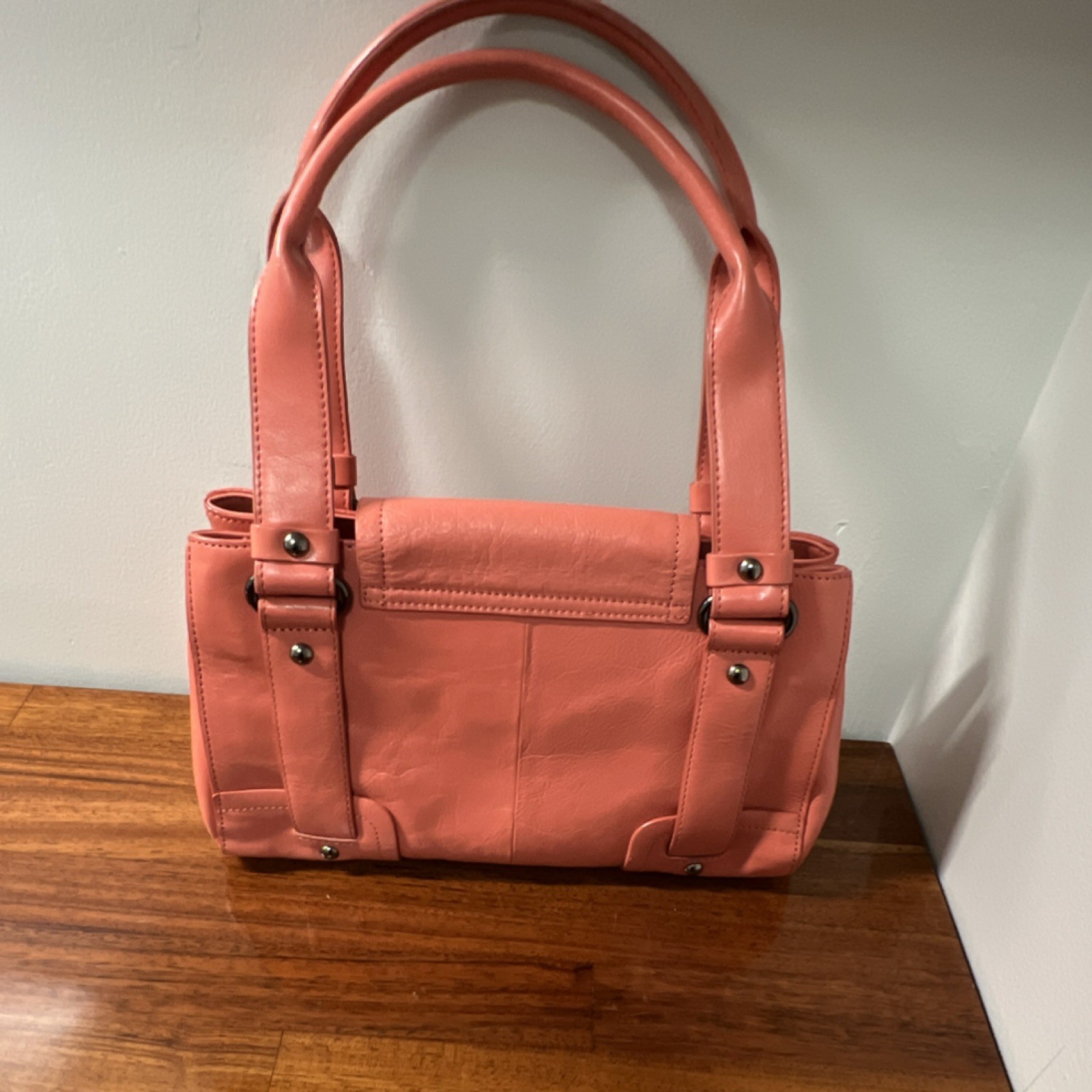 Kenneth Cole Reaction Coral Double Handle Top Handle Bag Turn Lock Buckle Accent