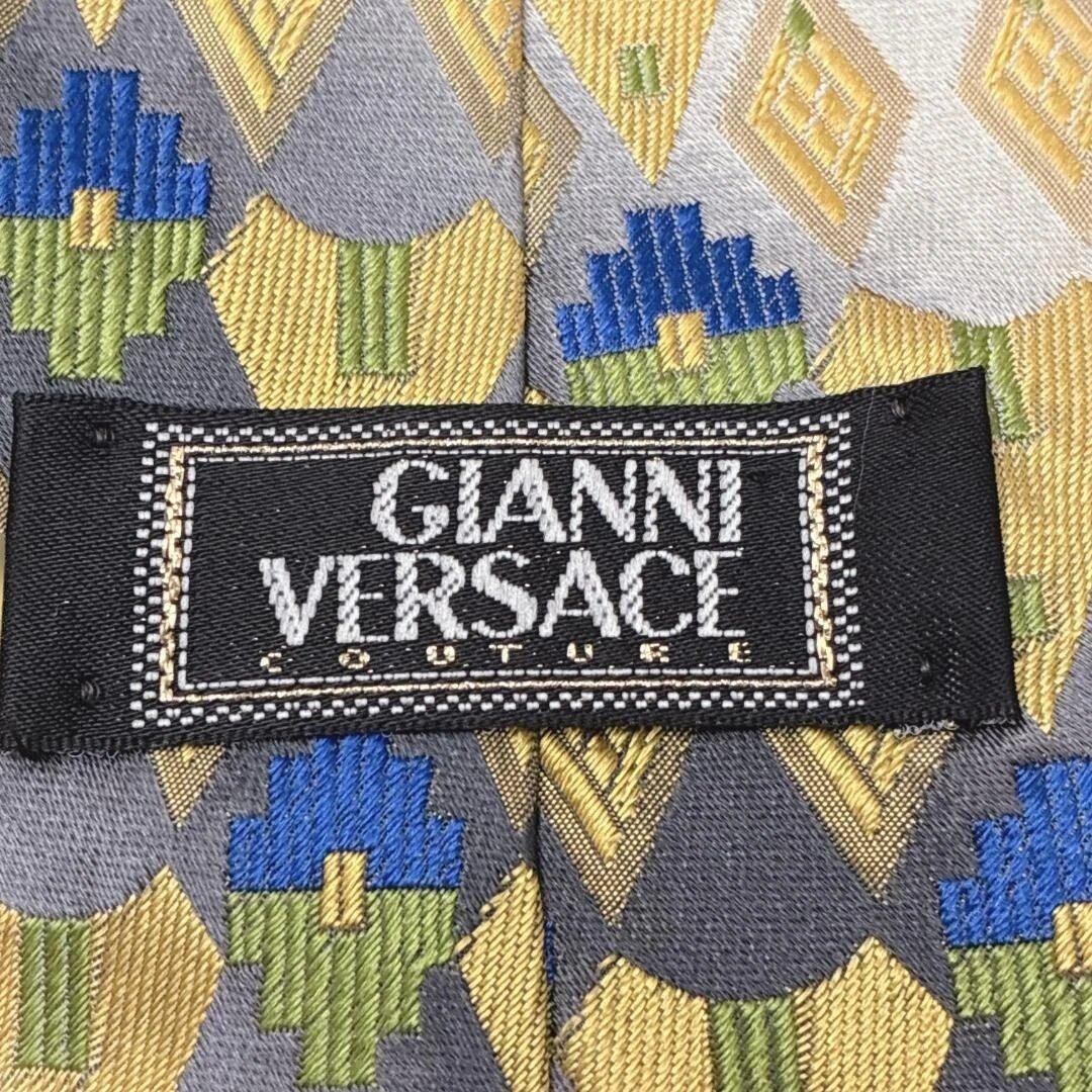 GIANNI VERSACE Tie Geometric Gray Black Yellow Green Blue Vintage Authentic