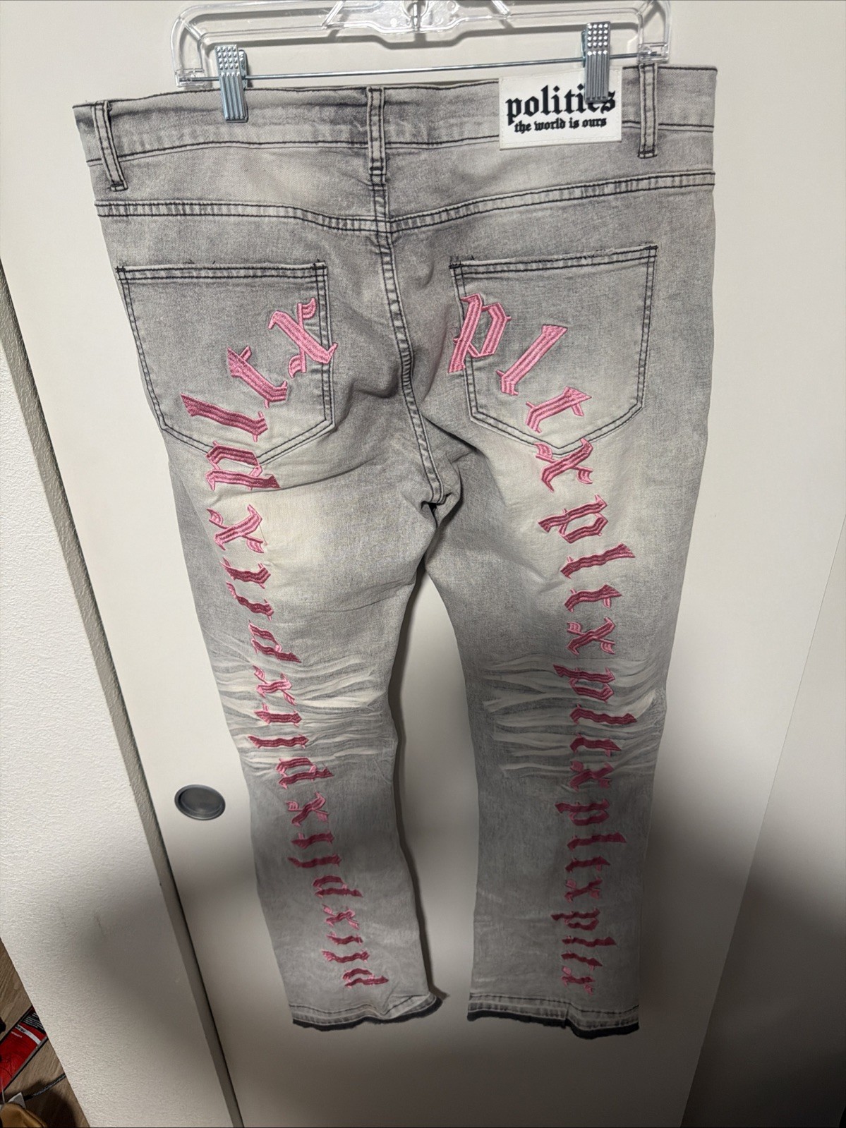 Politics The World Is Ours Jeans Size 36×34 Gray / Pink Stacked Embroidered