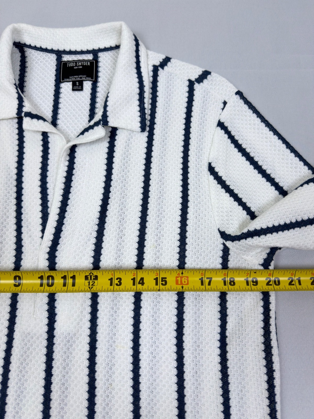 Todd Snyder Relaxed Textured Montauk Polo Coastal White Stripe Cotton Linen S