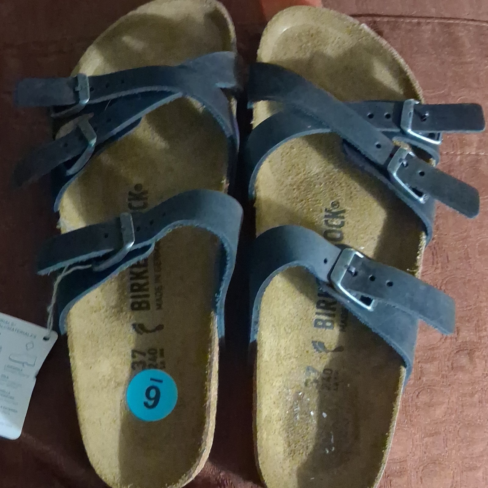Birkenstock Black Leather 2-Strap Buckle Slide Sandals Cork Insole US 6