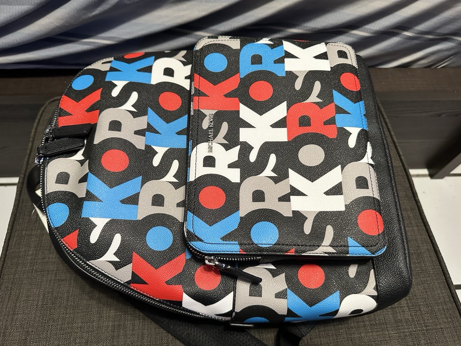 Michael Kors Cooper Signature PVC Graphic Logo Commuter Backpack Red Blue Multi