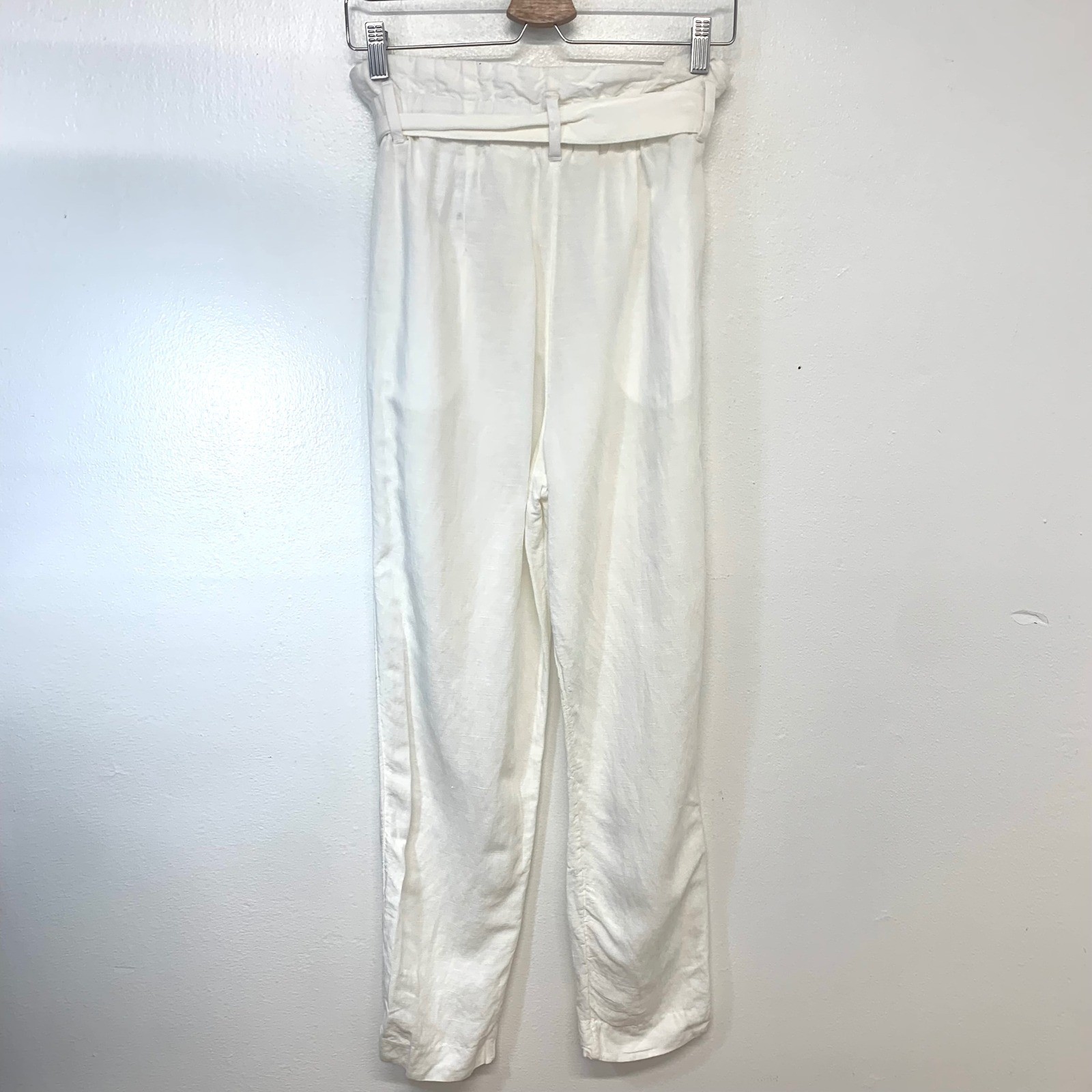 H&M White Linen Blend Paperbag High Rise Tie Belt Tapered Pants Size 4 Pockets