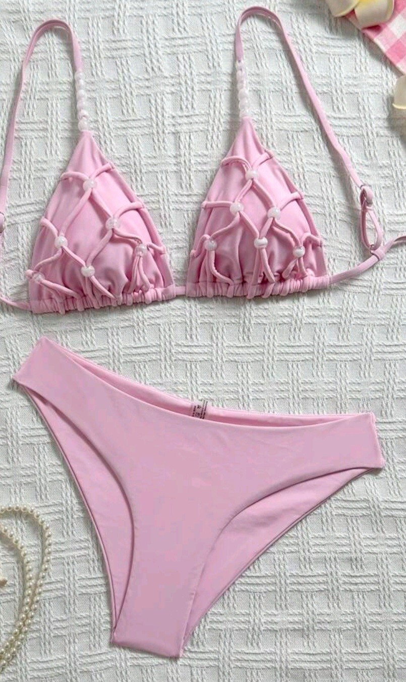 Women’s Pink Beaded Triangle Halter Bikini 2-Piece Set Bottoms Size S