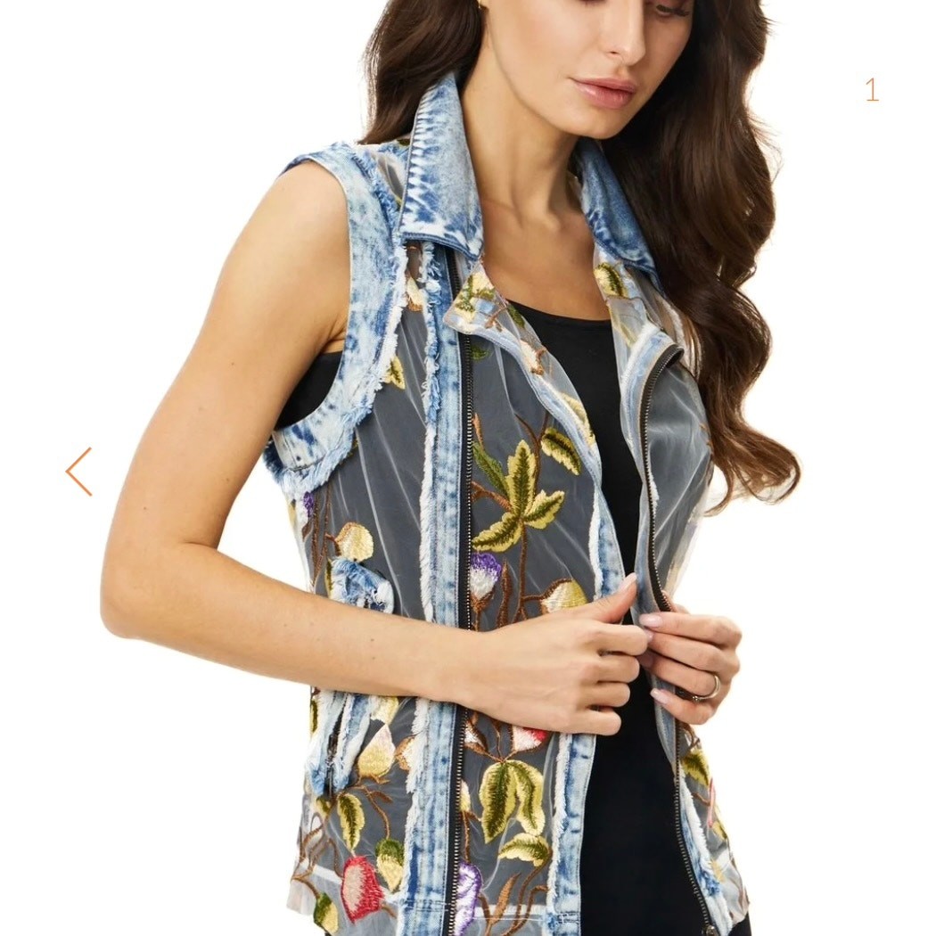 Handmade PARIS Floral Mesh Asym Zip Vest Denim Detail Embroidered Colorful Sz M