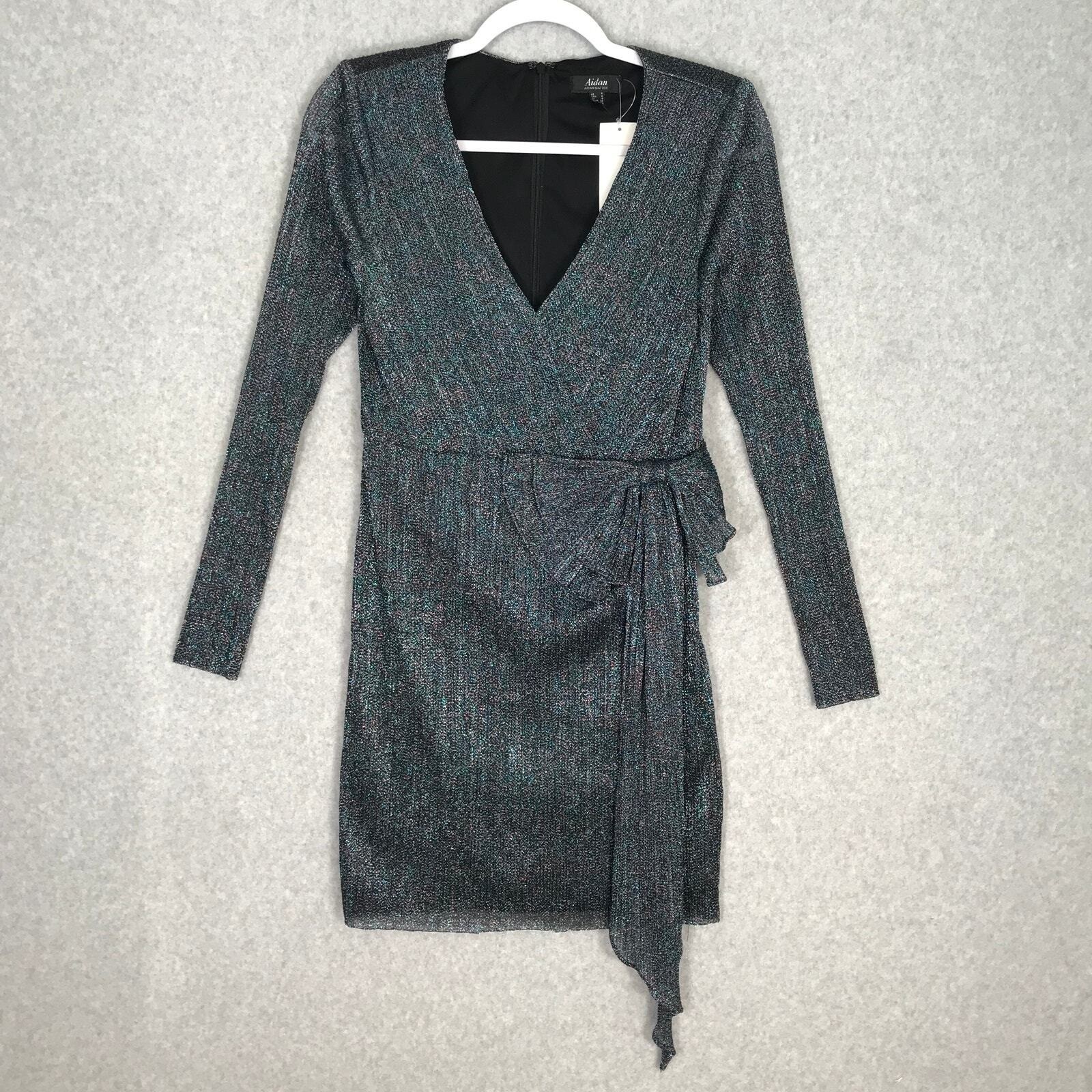 Aidan Mattox Teal Metallic Wrap Dress Size 4 Bow Shimmer Party NYE Holiday Glam