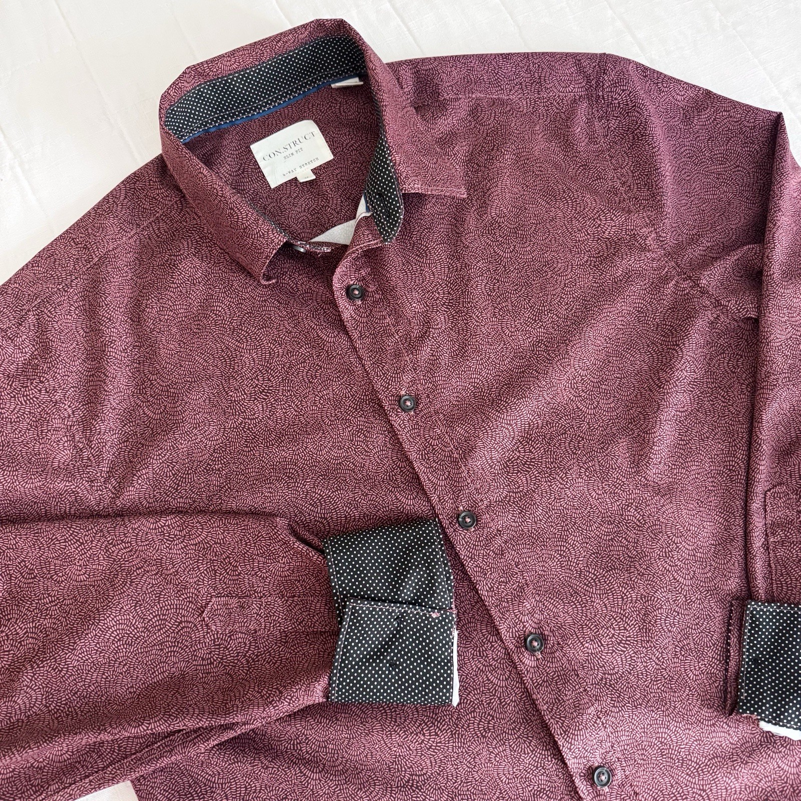 Construct Slim Fit Button Down Mens MEDIUM Long Sleeve. Maroon All Over Print
