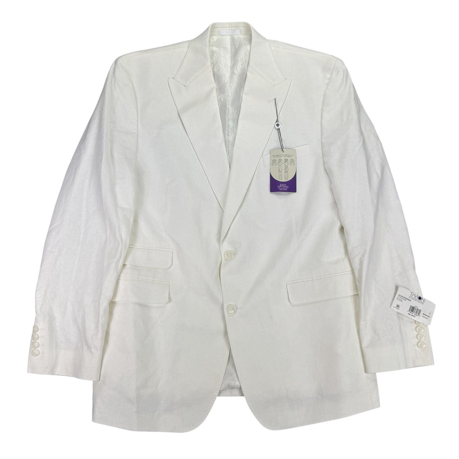 Tayion Mens Acontour Linen Cotton Herringbone Classic Fit Suit Jacket White 44L