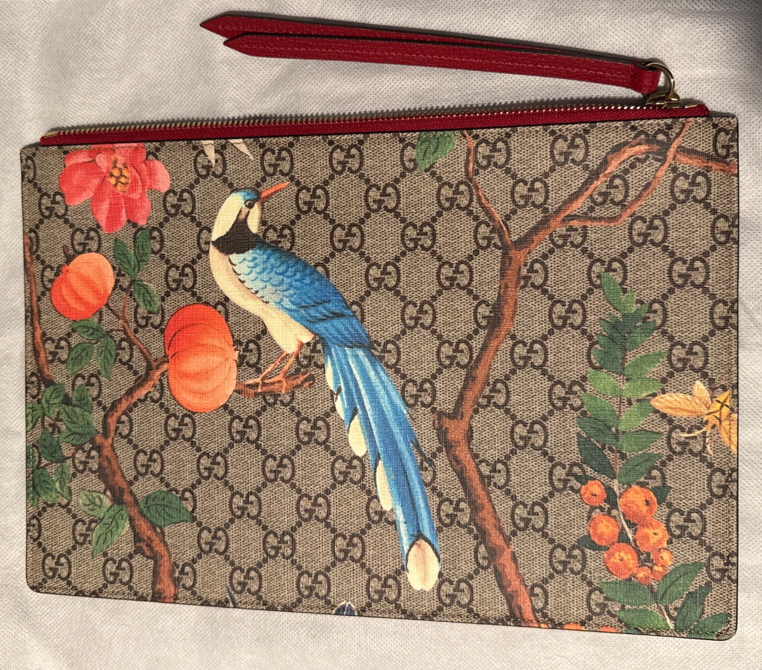 Gucci GG Supreme Monogram Tian Bird Print Large Zip Pouch