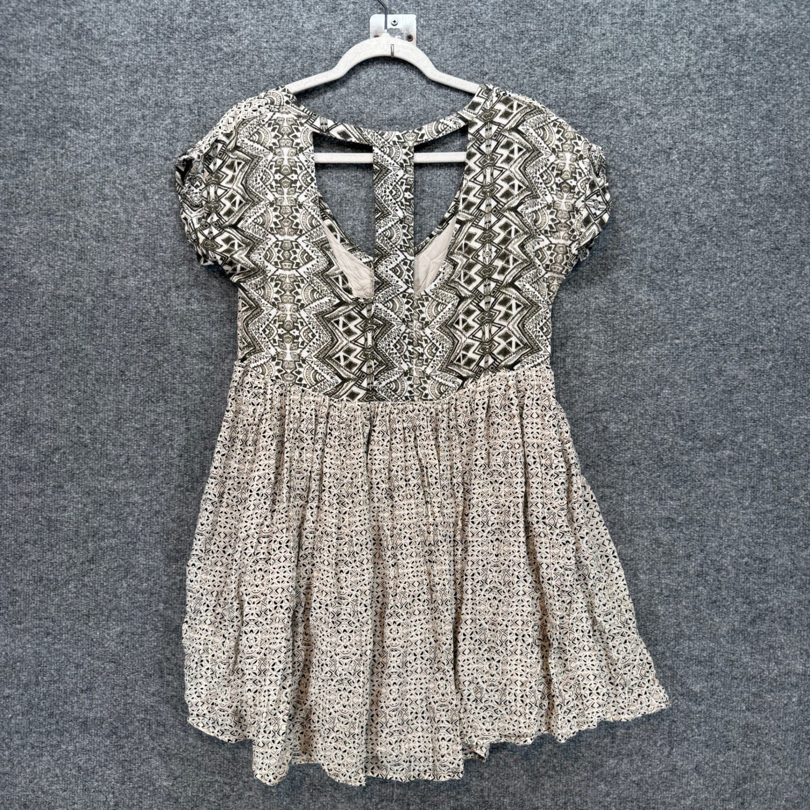 Free People Mini Dress Womens Small Beige Geometric Boho Festival Pockets