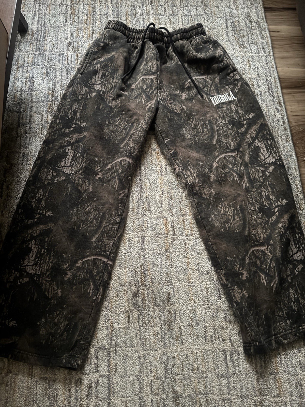 YOUNGLA Men’s Camo Jogger Pants Black/Gray Cotton Drawstring Pockets M