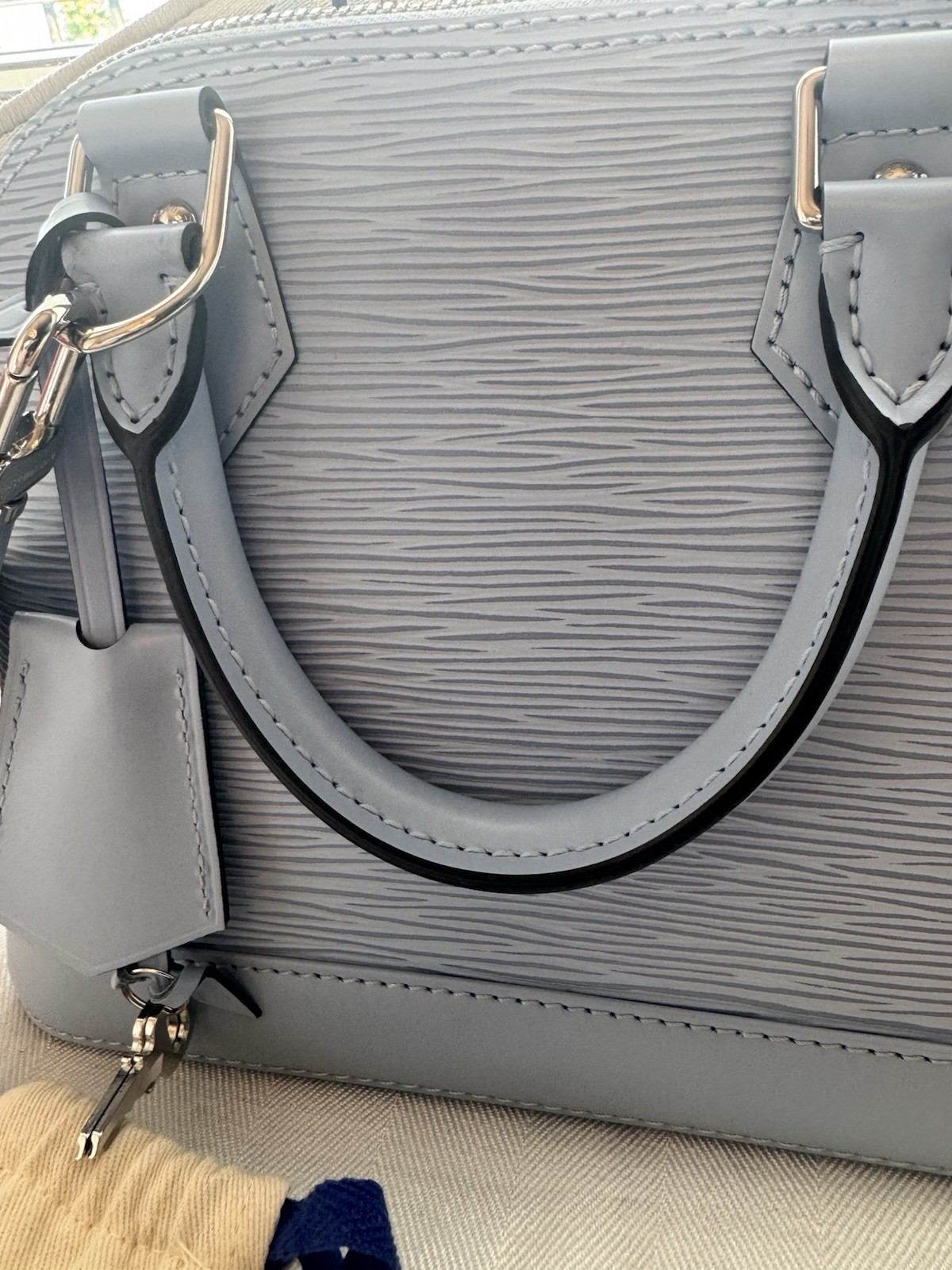 Louis Vuitton Alma Top Handle Bag BB Light Blue Epi Zip w/ Strap & Lock