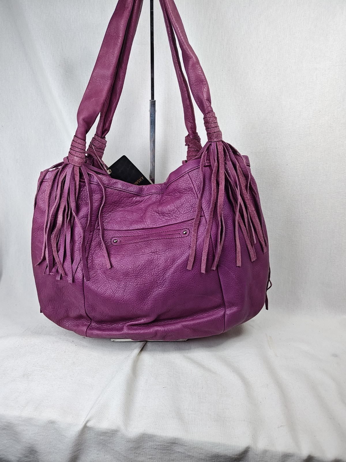 ​B. Makowsky Cabernet Purple Leather Fringe Tote Bag Hobo Purse NWT A212792
