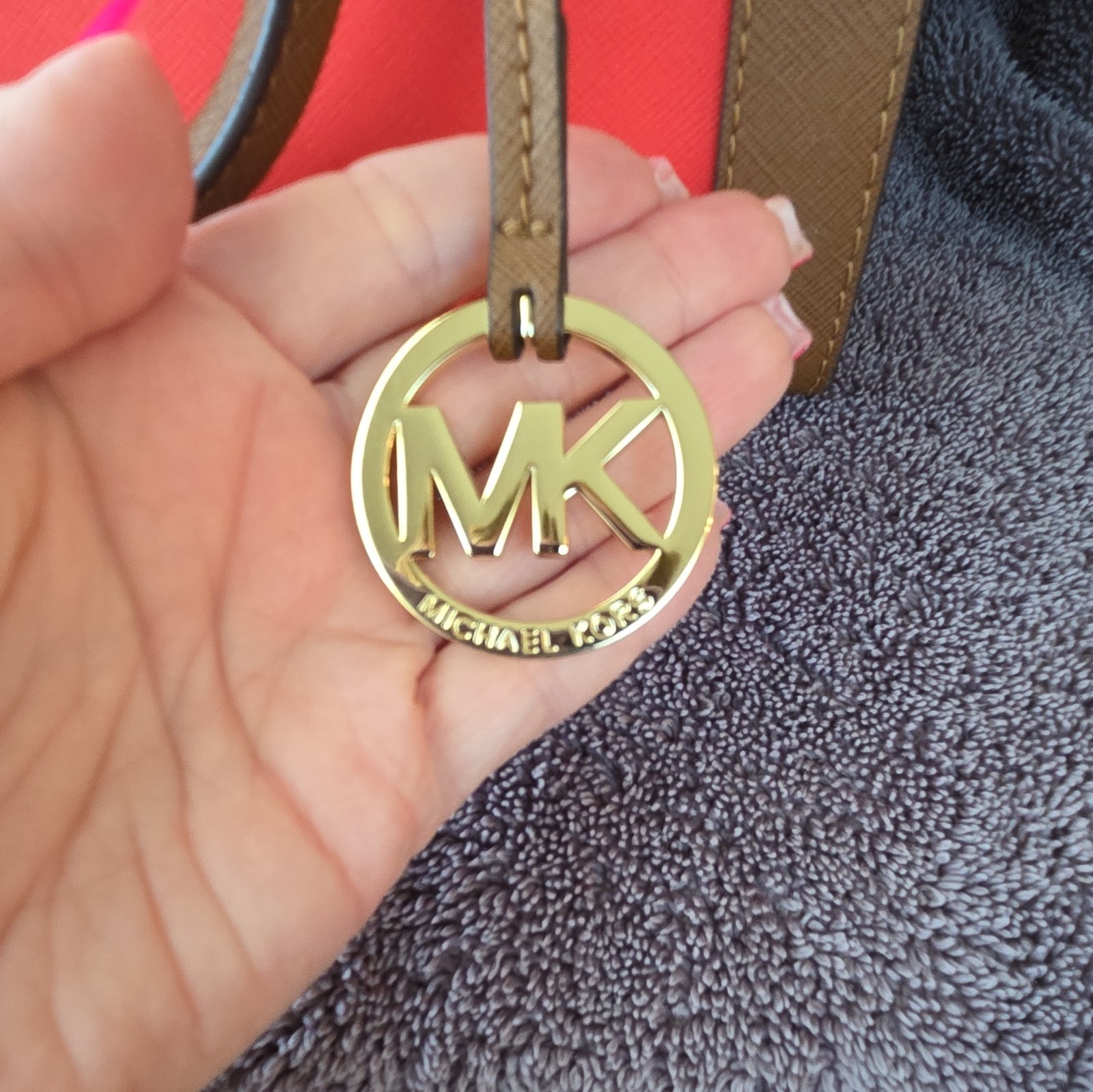 Michael Kors Small Orange & Brown Satchel Top Handle Zip, Detachable Strap Charm