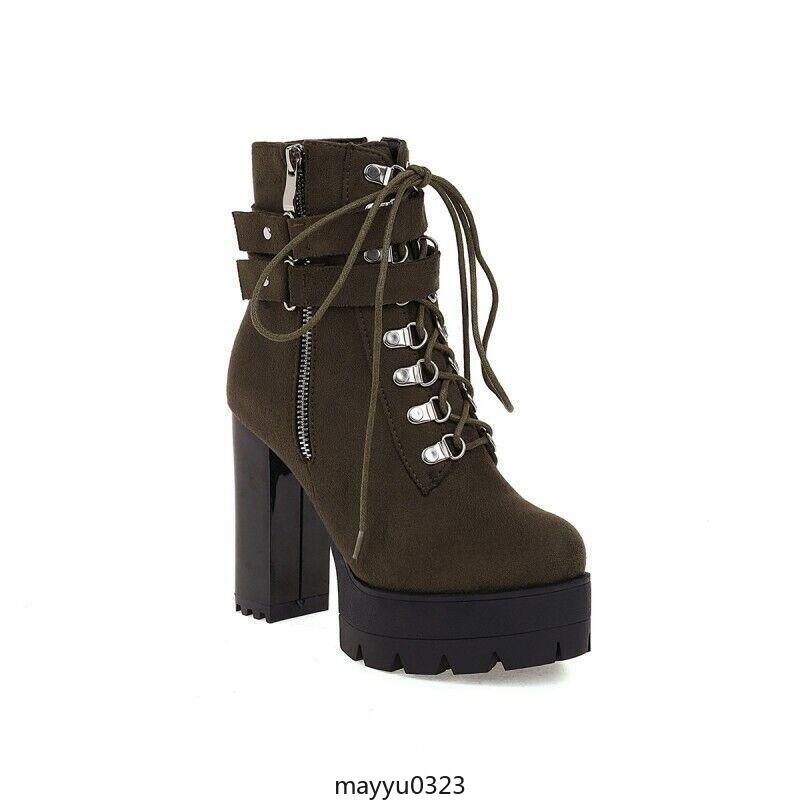 Women’s Ankle Boots HIgh Chunky Heel Shoes Platform Lace Up Zip Buckle Oversize