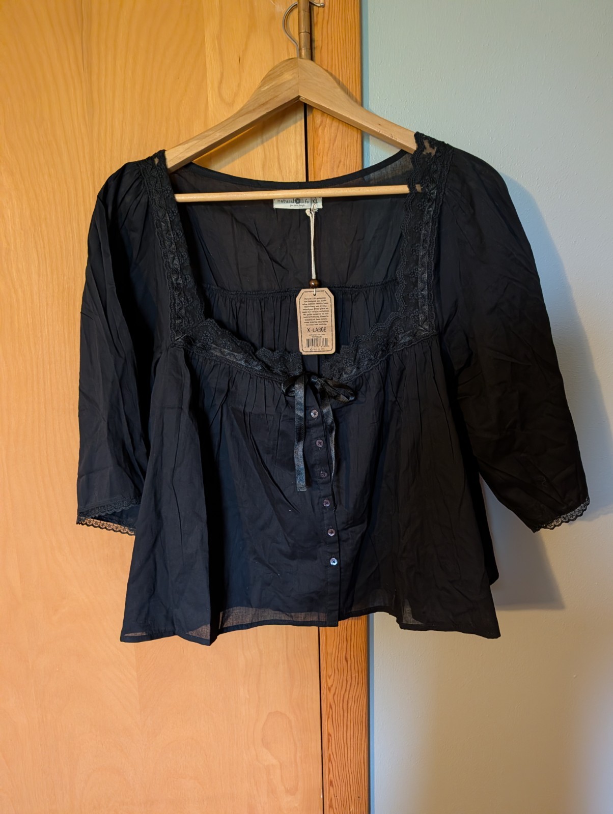 Natural Life NWT Women’s Size XL Black Prettiest Cotton Lace Blouse Lightweight