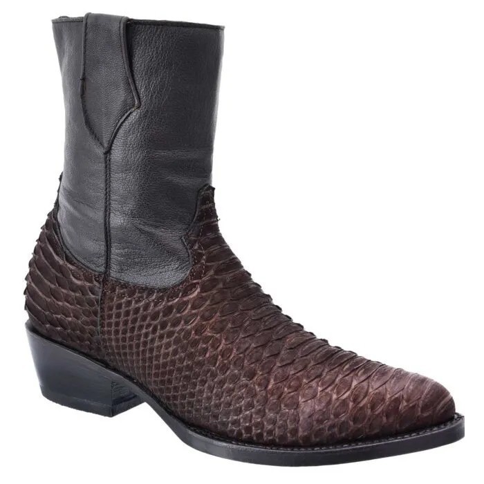 White Diamonds Men’s Python Leather Western Cowboy Ankle Boots Brown Side Zipper