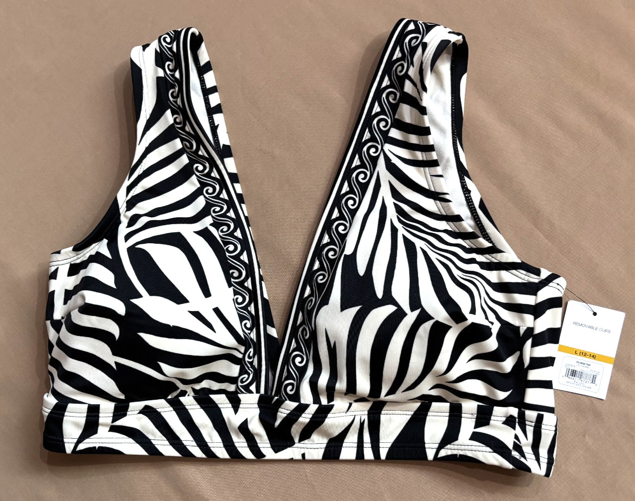 NEW Sophia Vergara Plunge Bikini Swim Top Size L Las Palmas Black Off-White