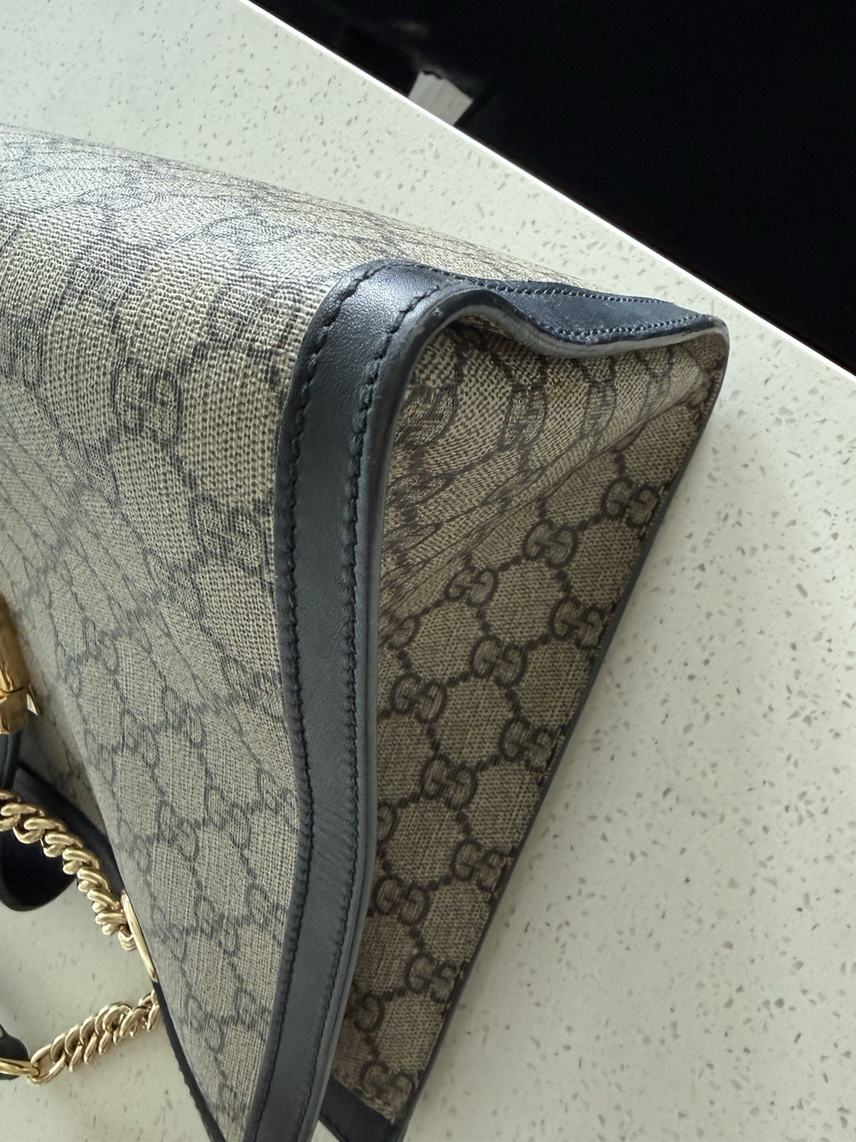 Gucci GG Padlock Medium Top Handle Bag Beige Black Gold Lock Chain Strap