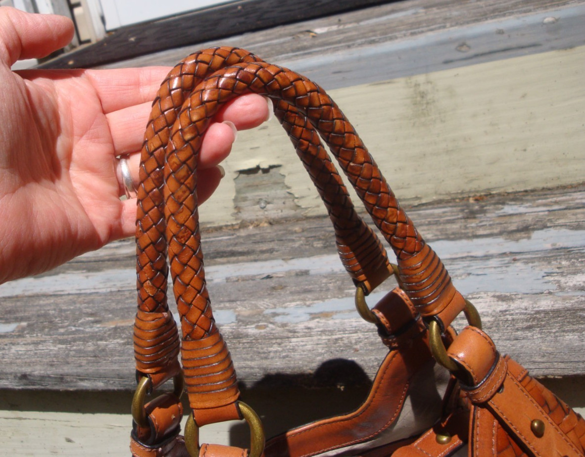 COLE HAAN Genevieve Brown Leather Boho Handbag Satchel Woven Large Tote Weave