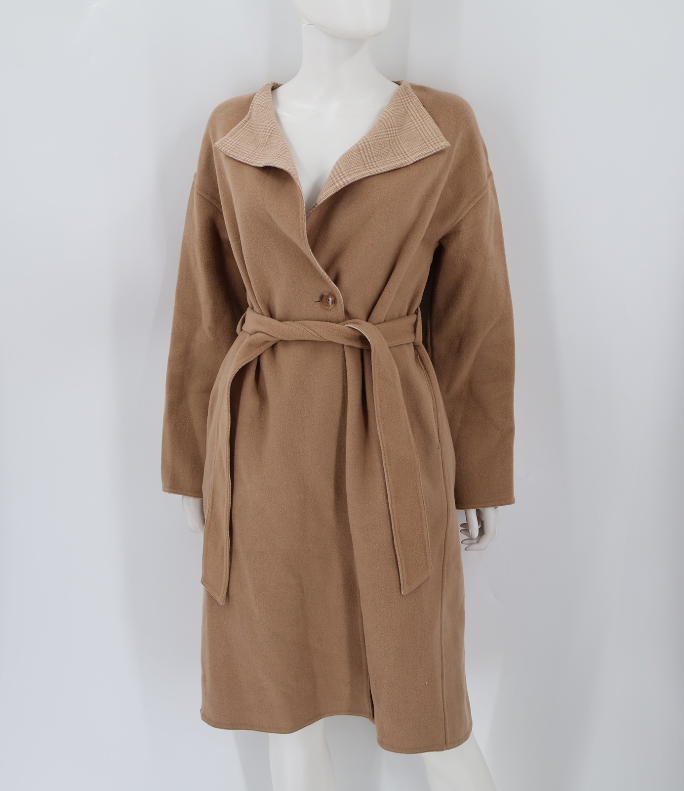 UNIQLO Women’s Camel Wool Blend Belted Wrap Coat Plaid Reversible Style Size S