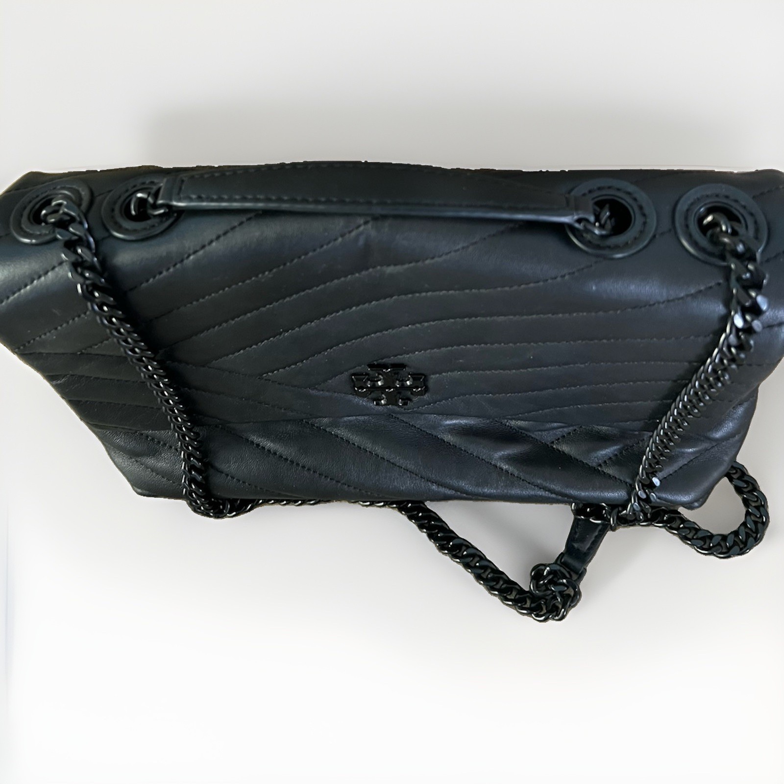 Tory Burch Kira Black Chevron Quilted Leather Chain Strap Shoulder Bag Flap