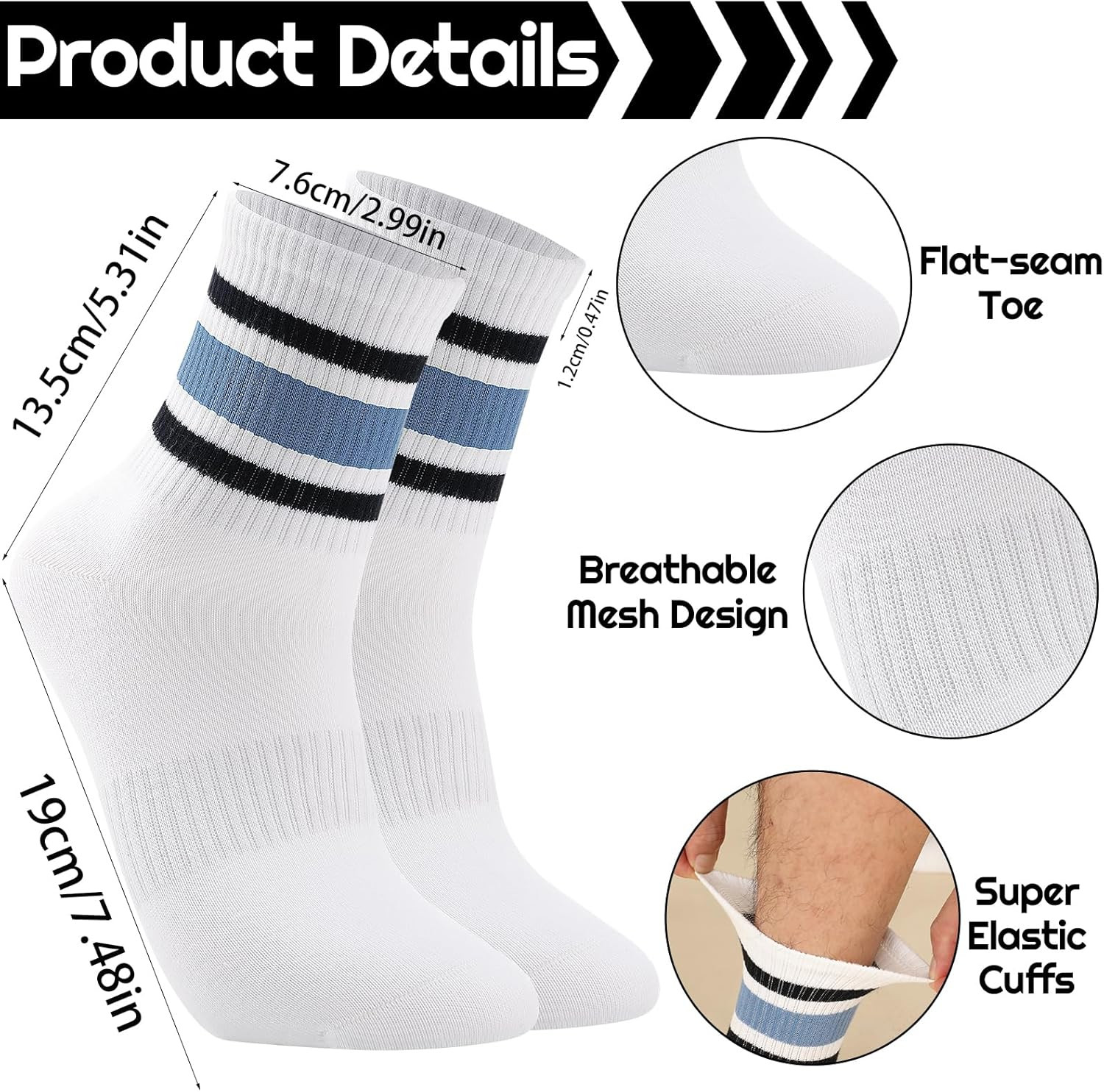 6 Pairs Retro Stripe Tube Socks Classic Athletic Sport Running Crew Casual Cotto