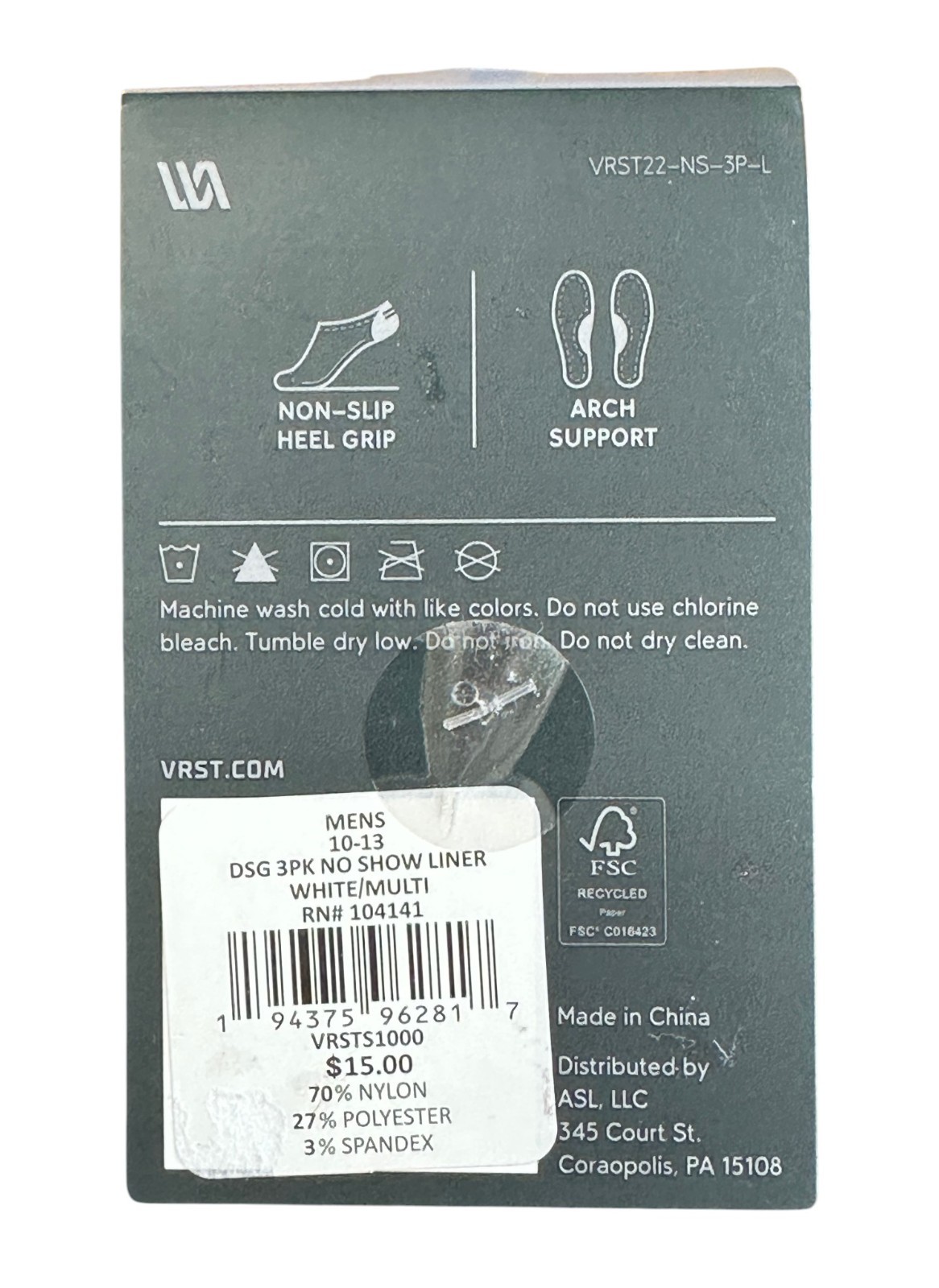 2× VRST No-Show Liner Socks Men’s L 8-13 White Black Gray 3-Pack (6 Pairs) NWT