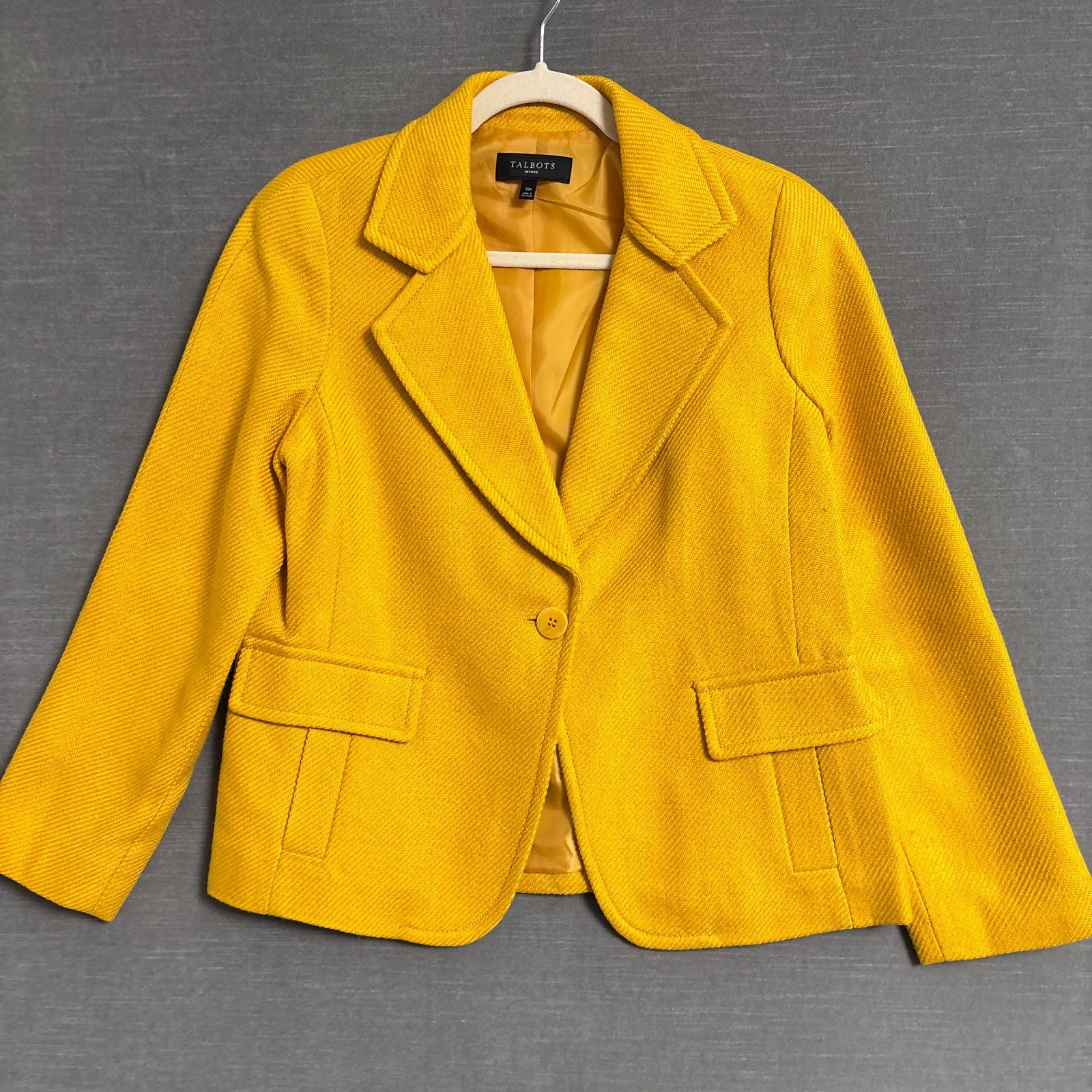 Talbots Blazer Jacket 10 Petite Mustard Yellow Wool Blend Raglan Heavy Career
