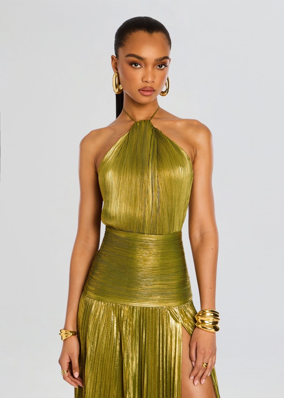 NWT RETROFETE Thalia pleated halter side-slit maxi dress – Metallic Peridot – M