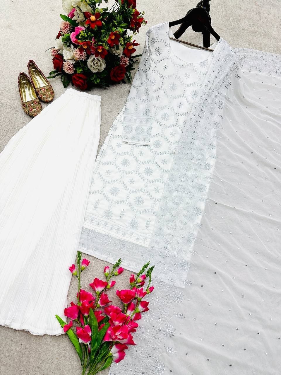 Unique Designer White Faux Georgette Kurta Palazzo With Dupatta For Women
