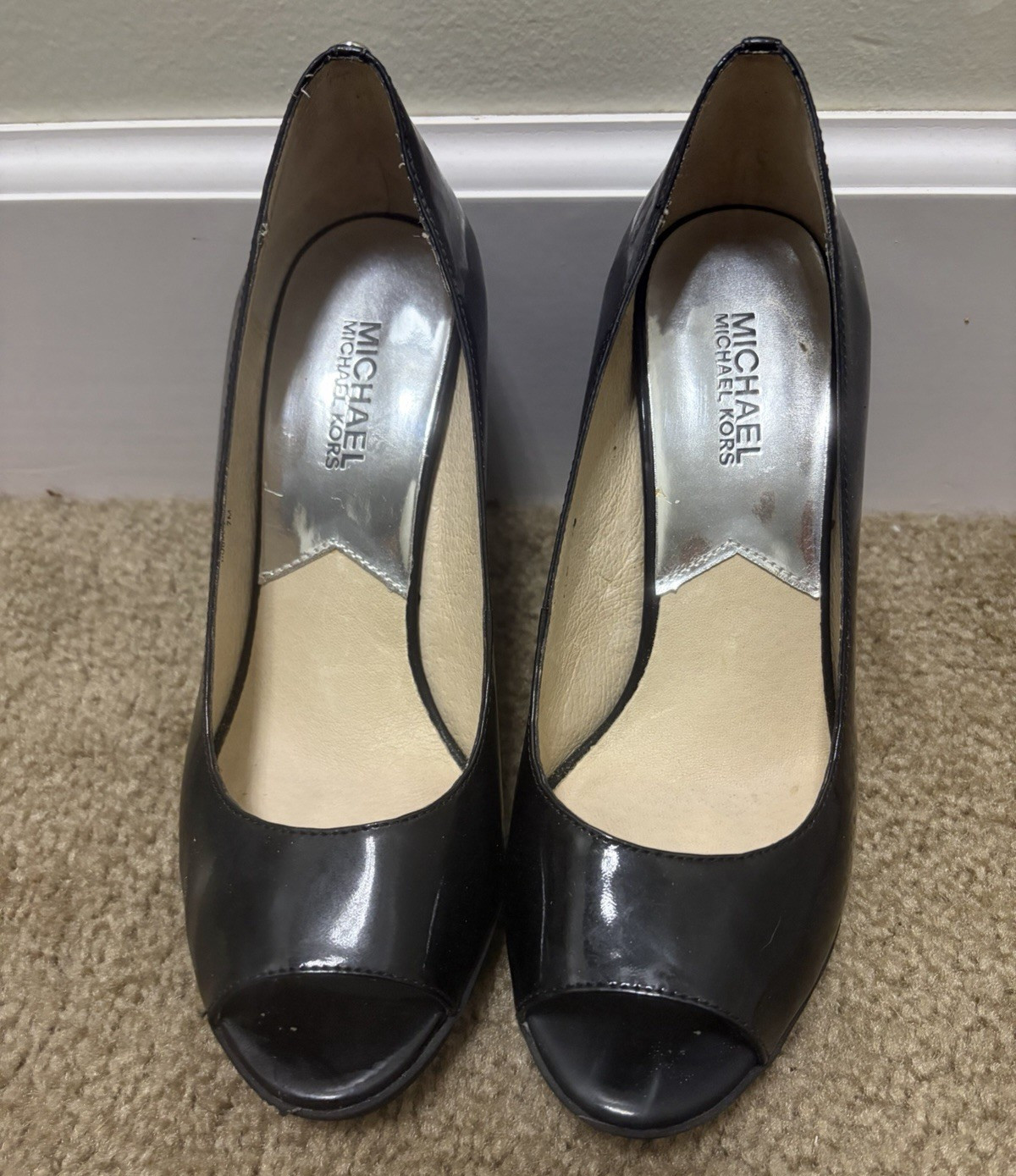 Michael Kors Women’s Black Patent Leather Logo Peep Toe Wedge Heels US 7