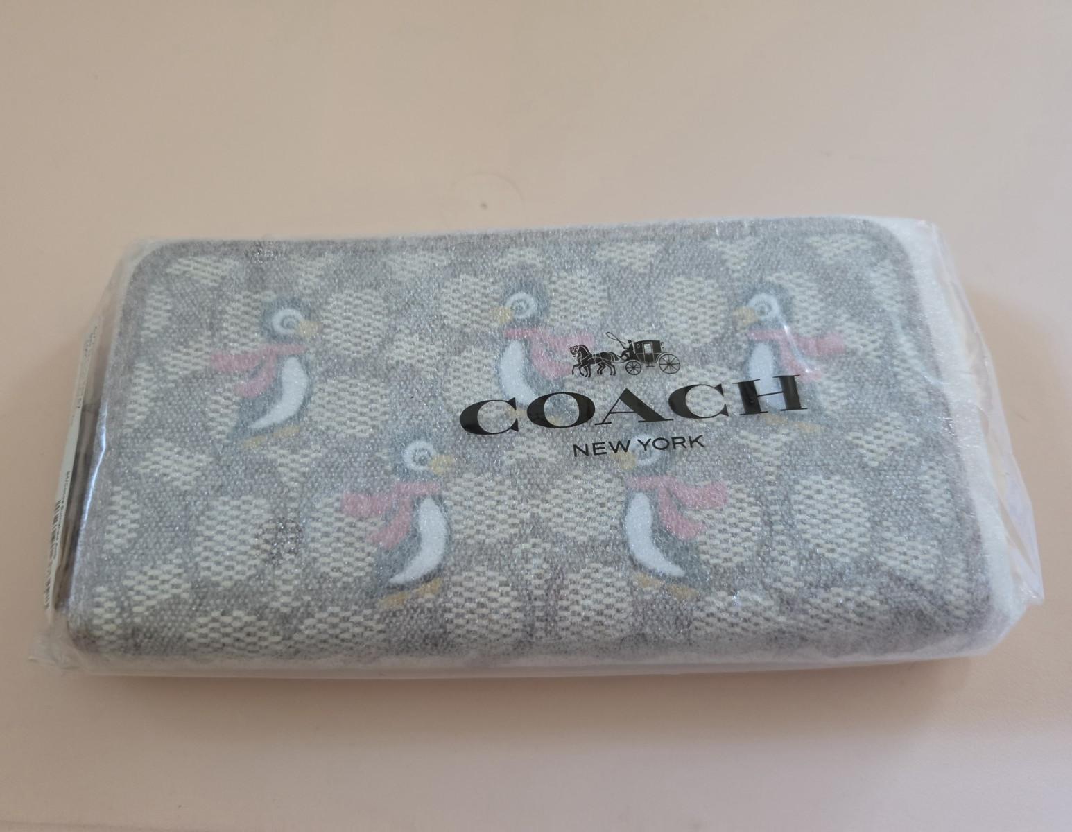 Coach Signature Logo Penguin Zip-Around Wallet Brown Beige Pink