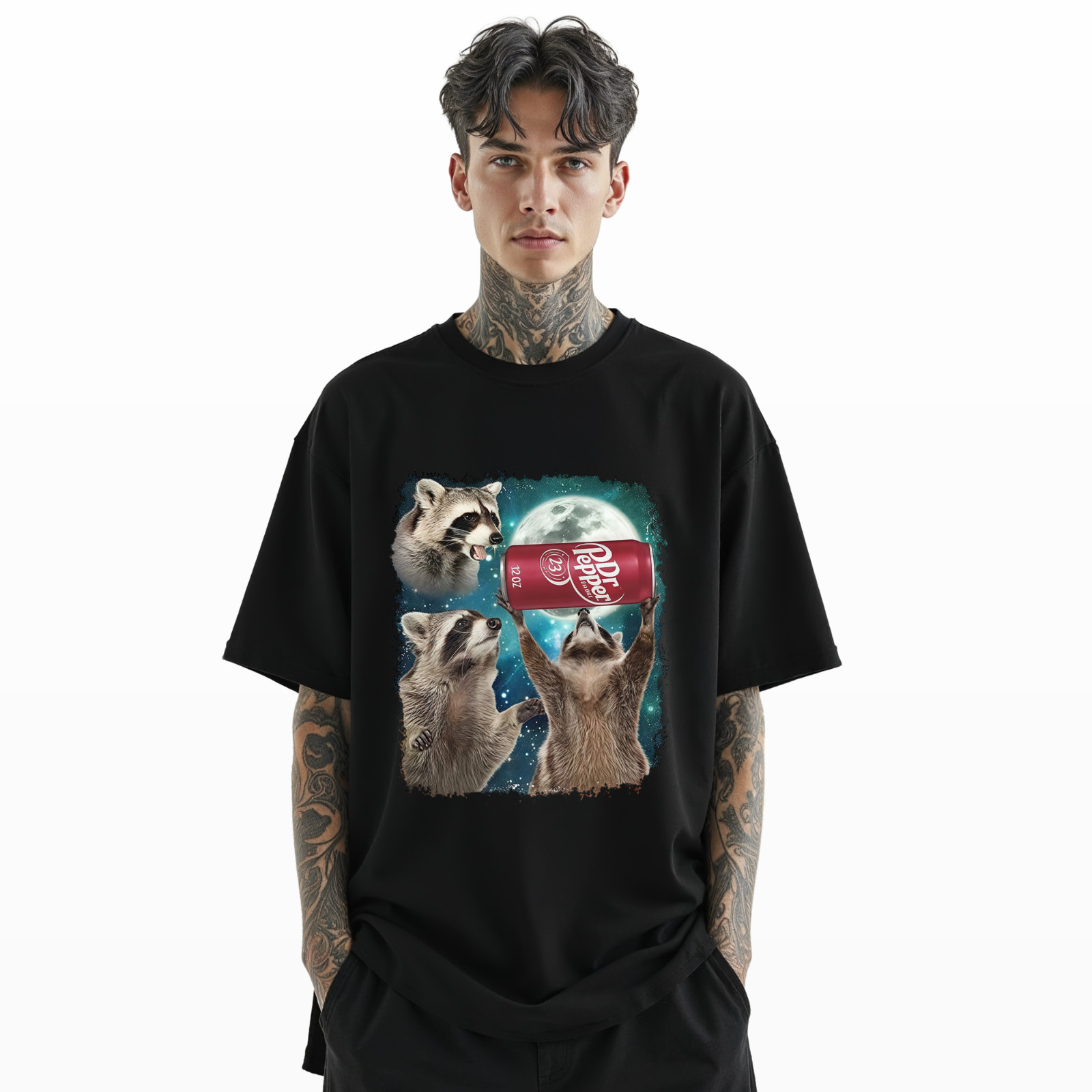 Dr Pepper Funny Raccoon Moon T-Shirt – Cute Cosmic Animal Graphic TeeA180