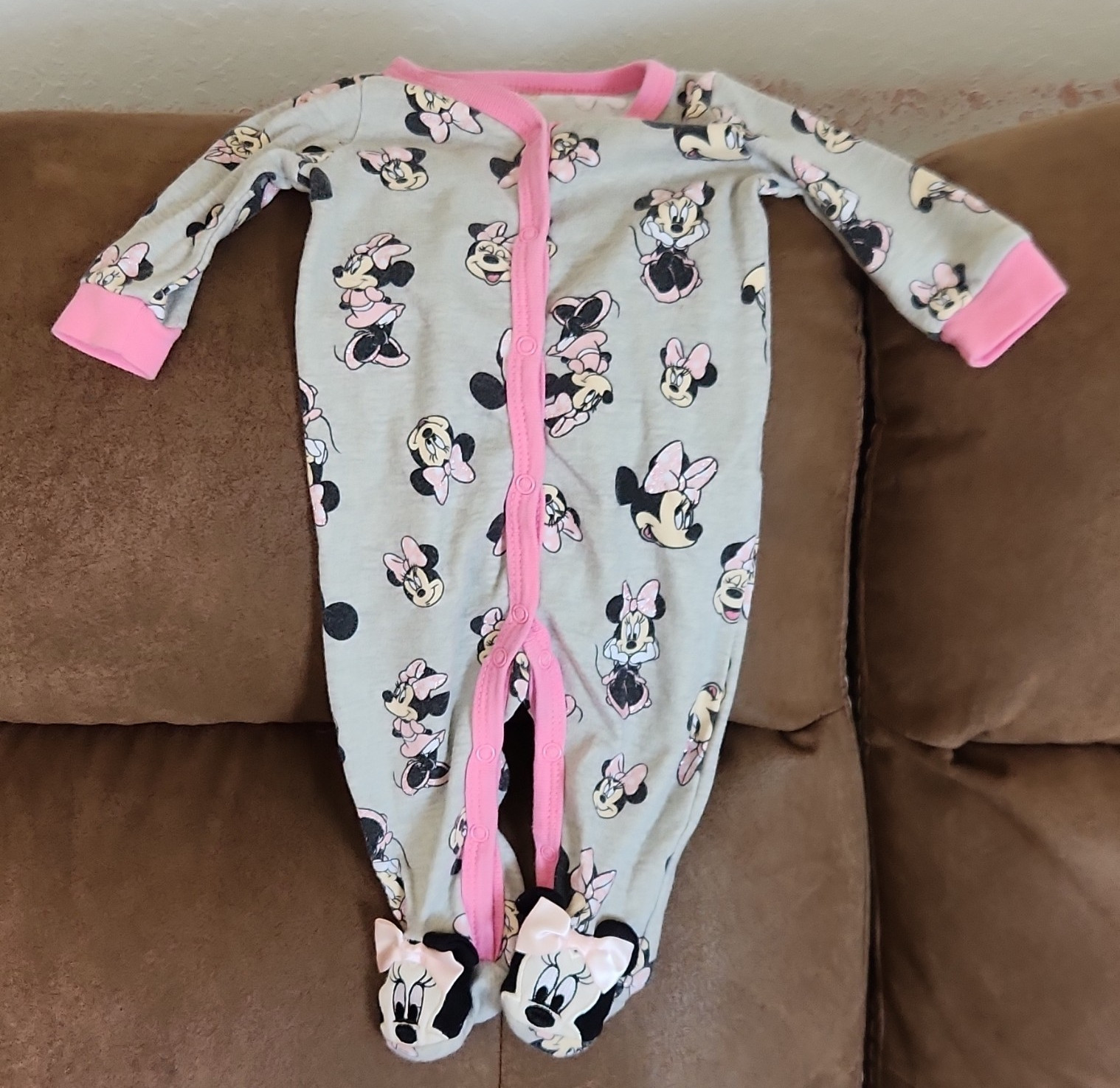 Disney Baby 0-3M Footed Fleece Zip Sleeper Gray/Pink Minnie Mouse 1 Piece