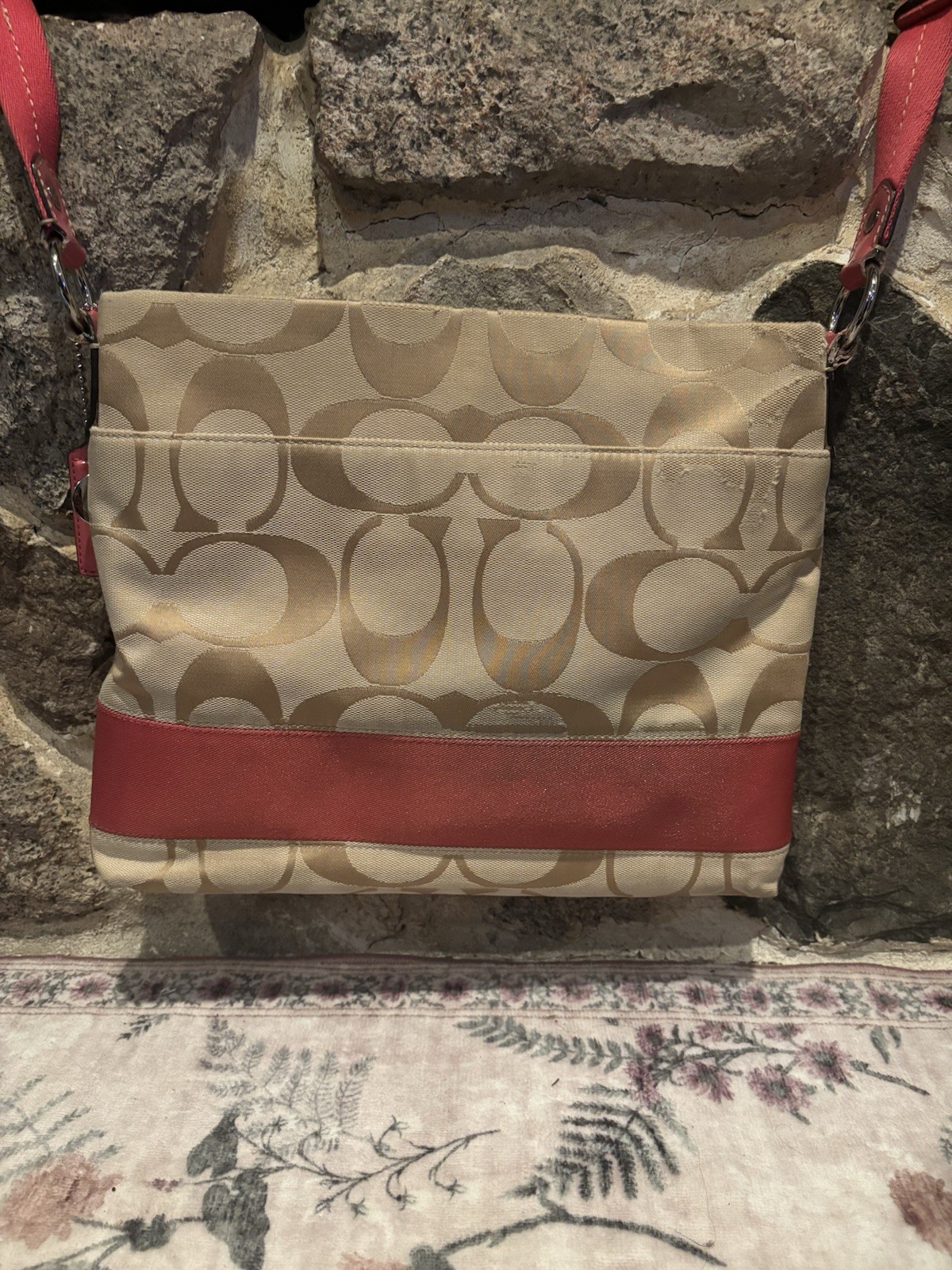 Coach Signature beige & pink logo crossbody bag w/ zip, adjustable strap, charm