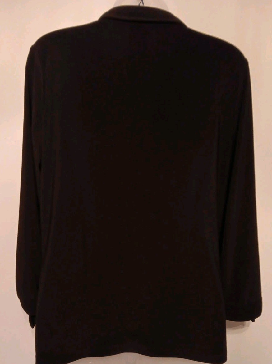 Anne Klein Black Top Stretch Small Collar 3/4 Tie Sleeves 3 Button Placket EUC