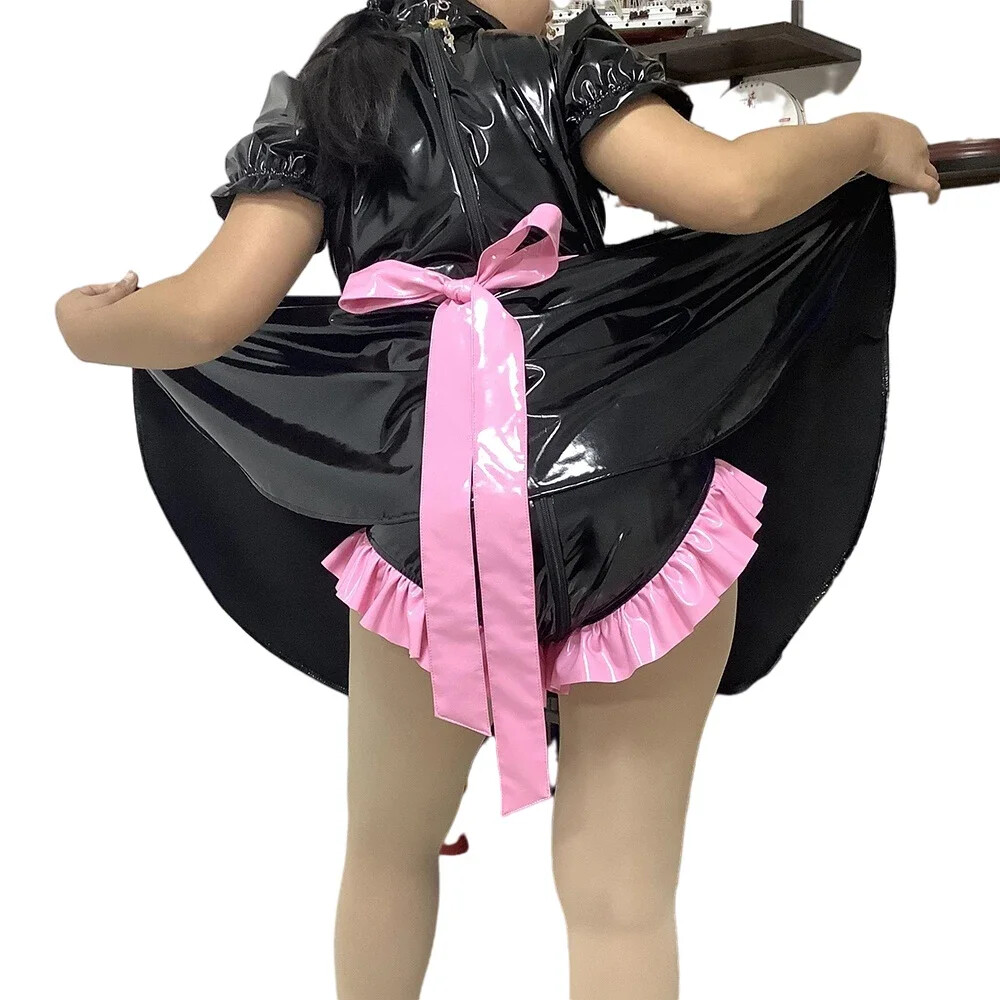 Plus Size Lockable SISSY Dress PVC Maid Costumes Uniform Apron Tailor-made