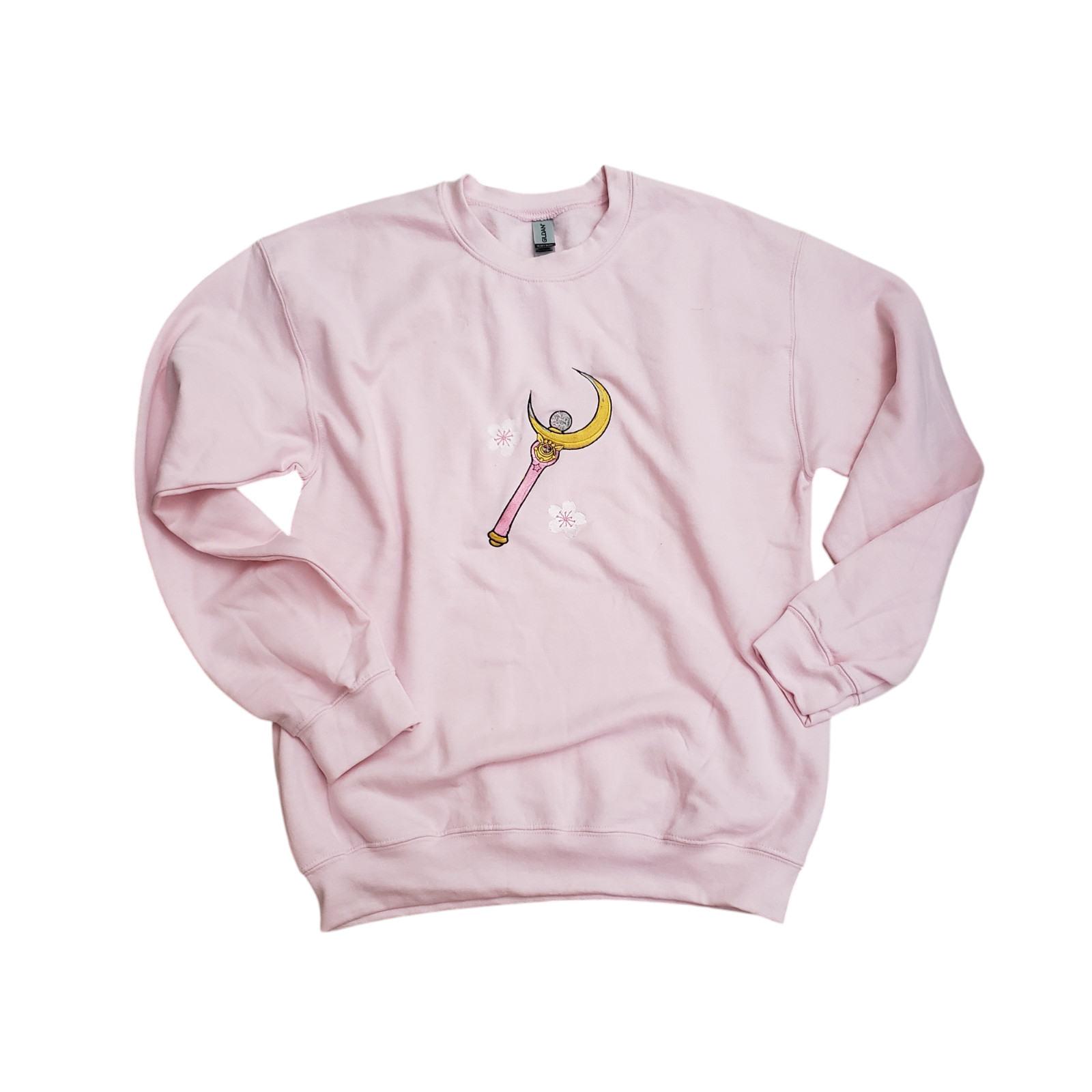 Sailor Moon Crescent Moon Cherry Blossom Embroidered Crewneck Sweater Pink Sz M
