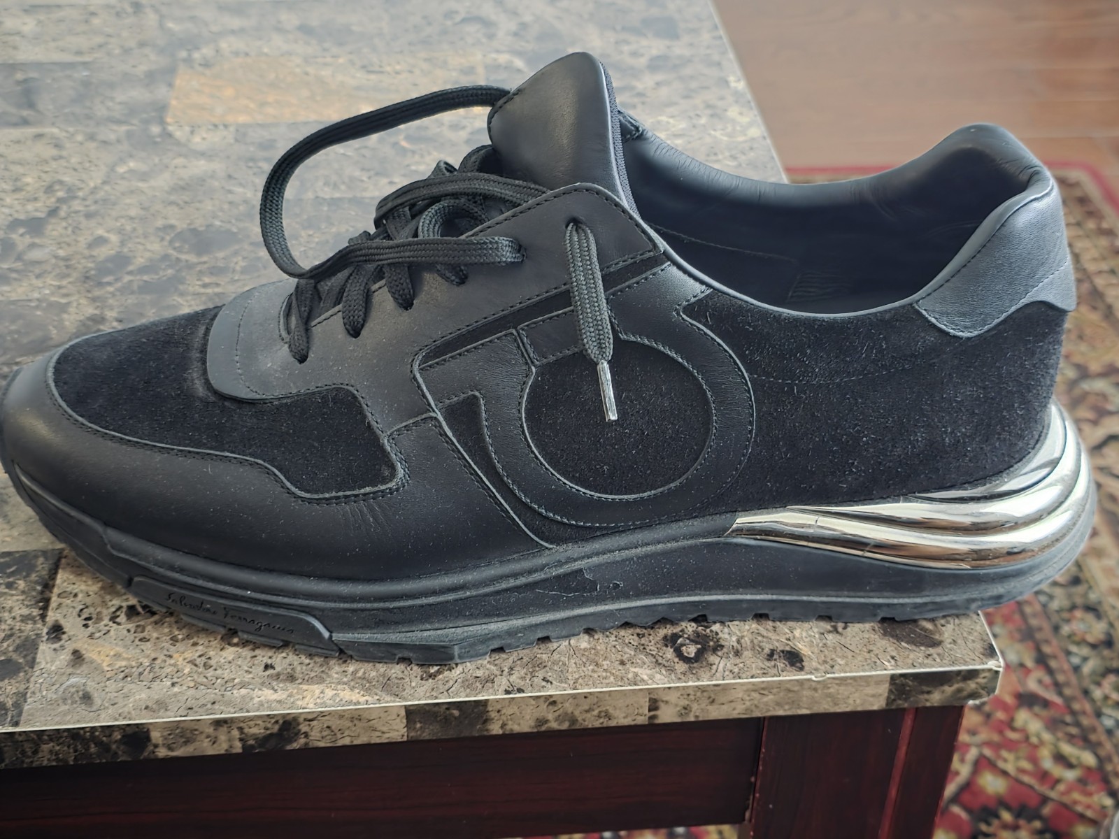 Salvatore Ferragamo Brooklyn Black and Silver Size 12 Classic Sneaker.