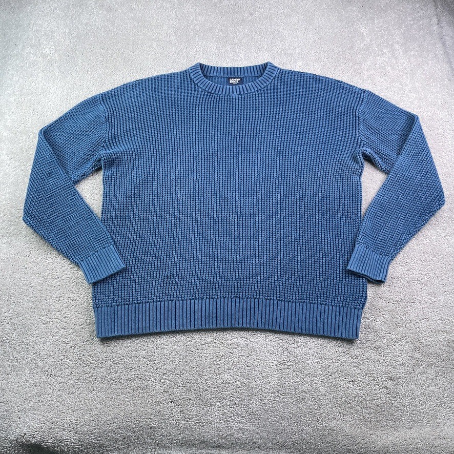 Lands End Sweater Mens XL Blue Drifter Chunky Cotton Shaker Stitch Fisherman