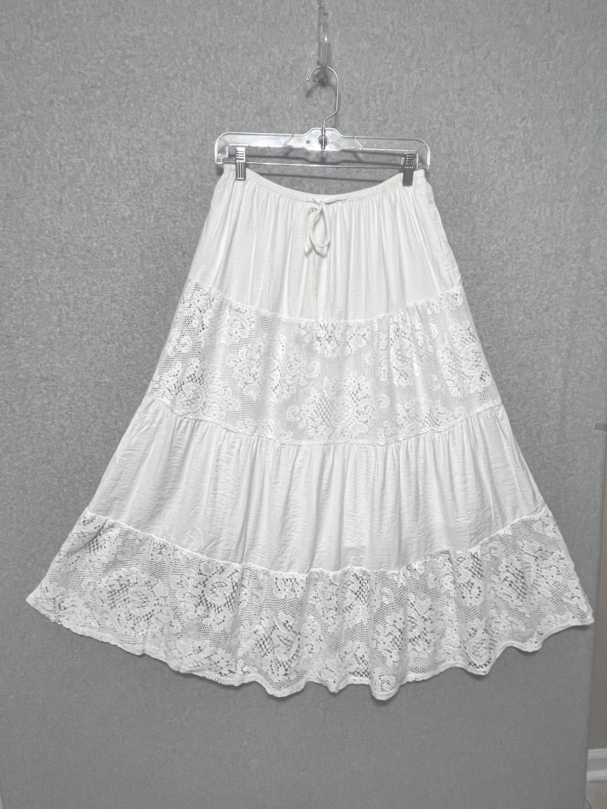 White Peasant Crochet Lace Tiered Maxi Full Skirt Womens L Western Boho Cottage